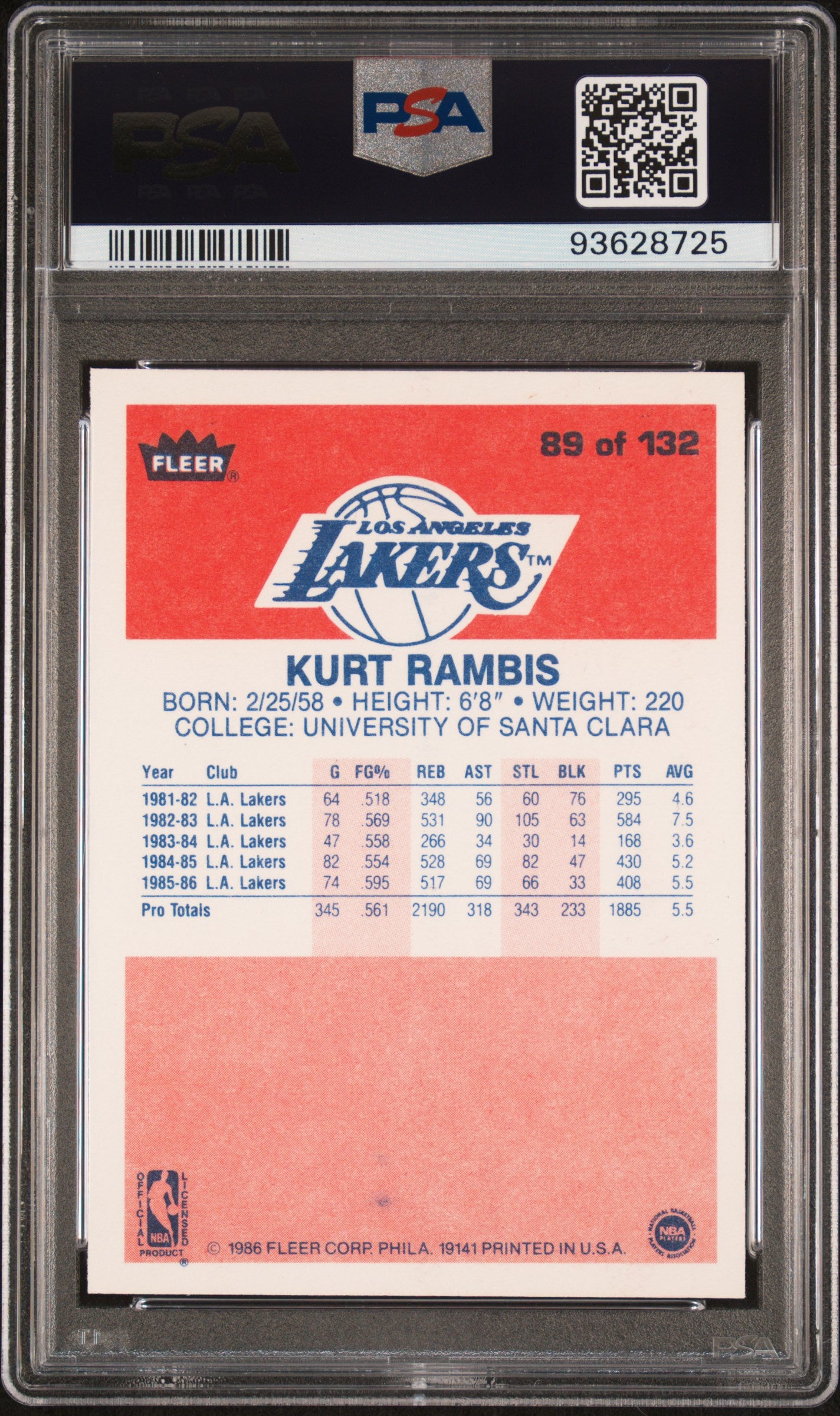 1986 Fleer Kurt Rambis #89 PSA 9
