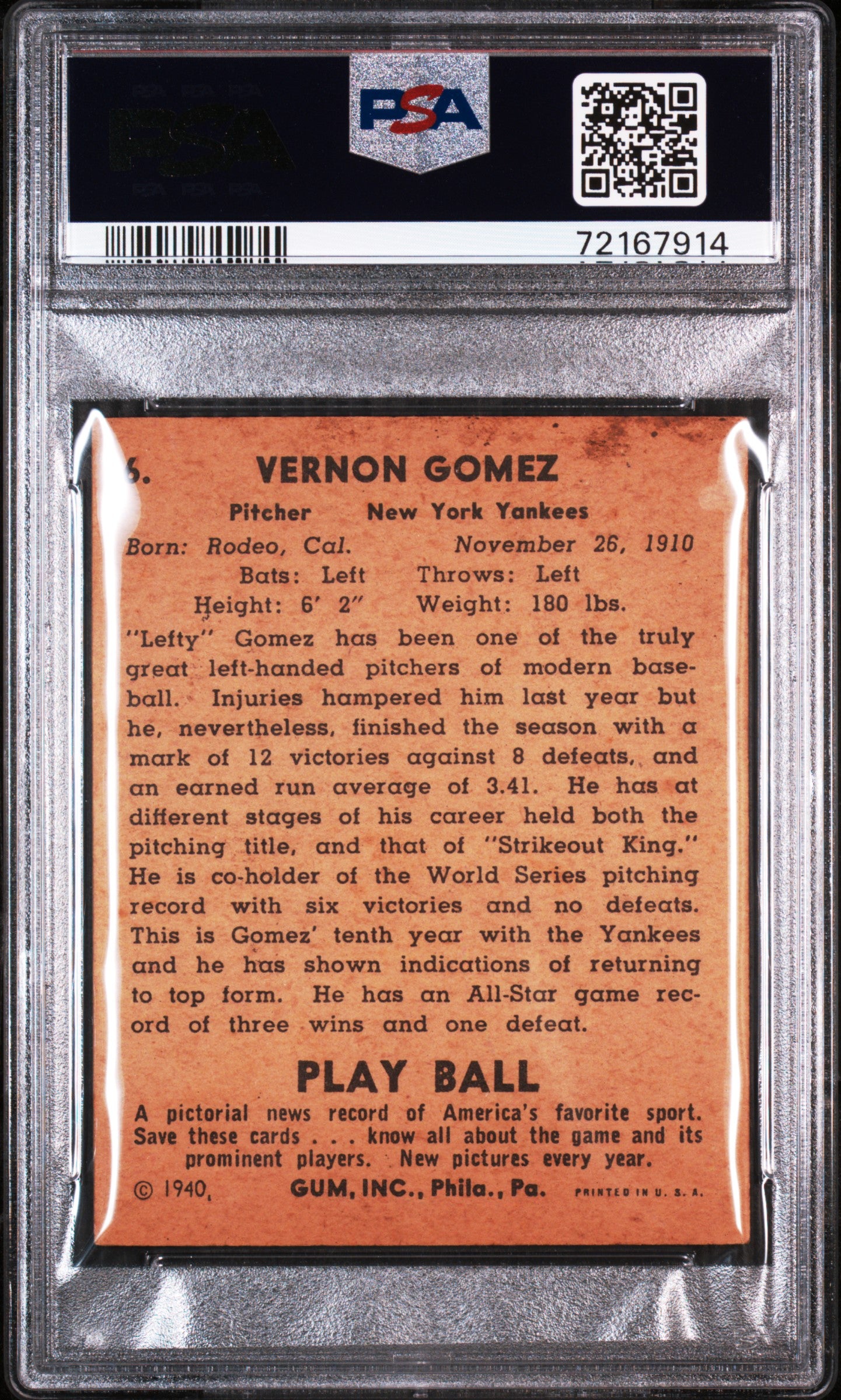 1940 Play Ball Lefty Gomez #6 PSA 3