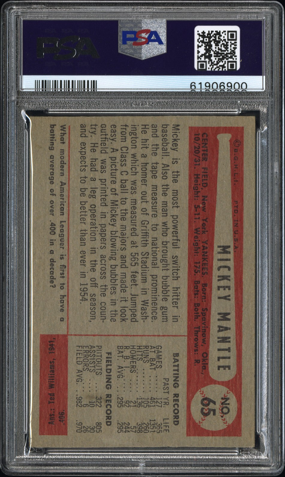 1954 Bowman Mickey Mantle #65 PSA 7