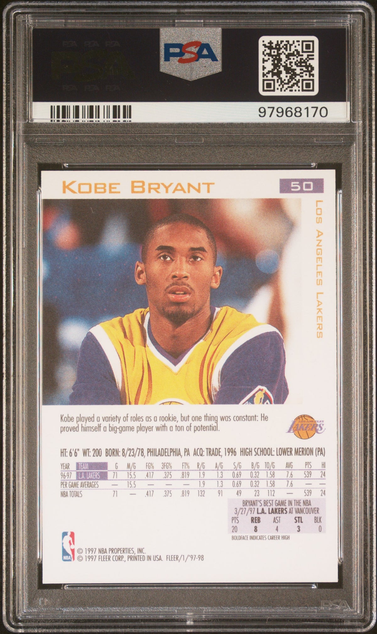 1997 Fleer Kobe Bryant #50 PSA 8 Auto 8