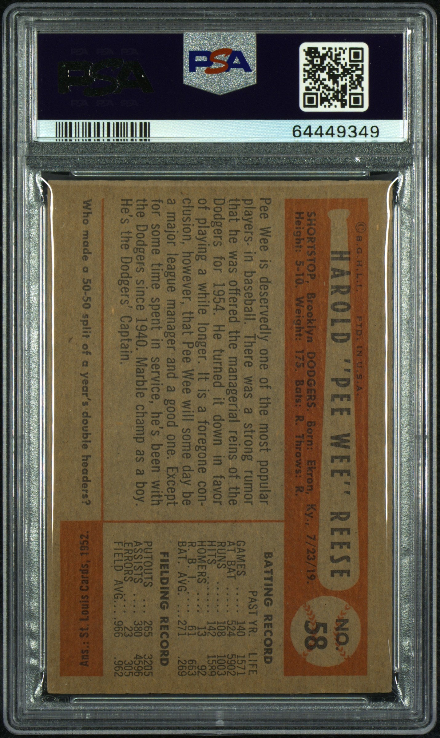 1954 Bowman Pee Wee Reese #58 PSA 7