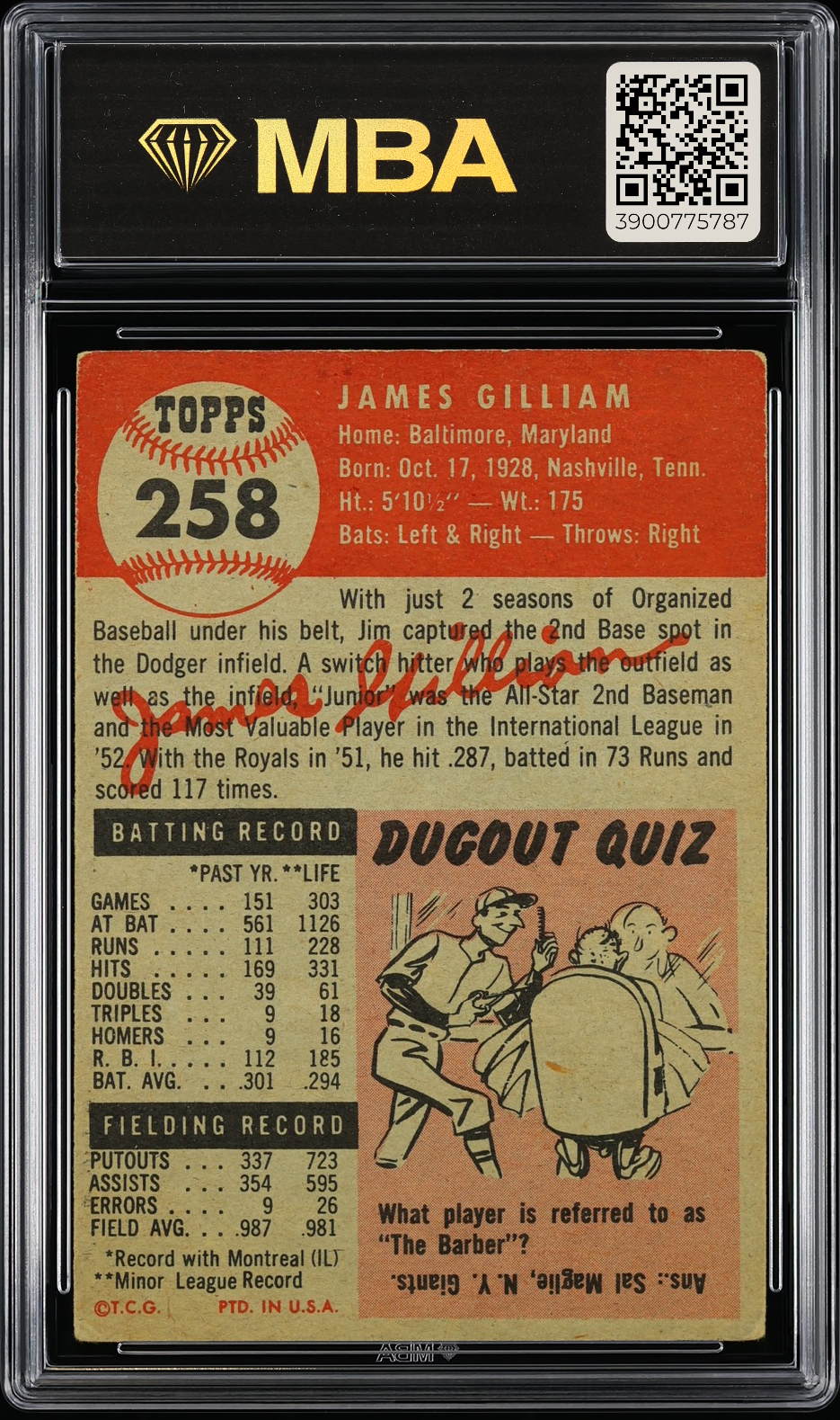 1953 Topps Jim Gilliam #258 Short Print MBA 4
