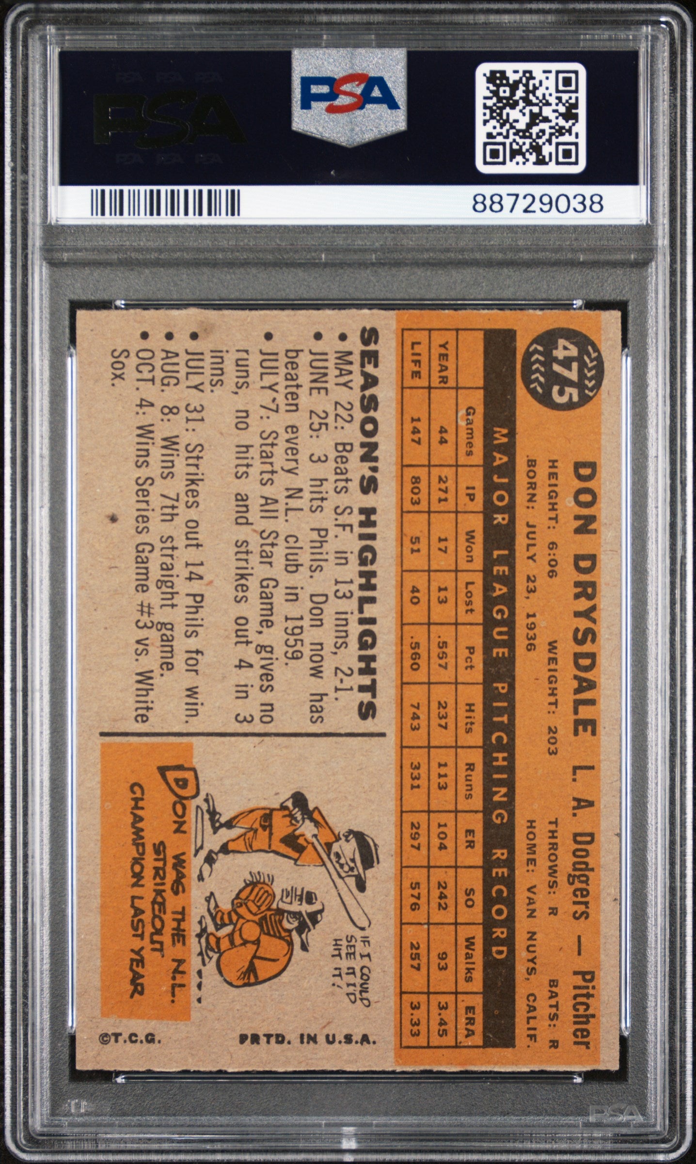 1960 Topps Don Drysdale #475 PSA 7