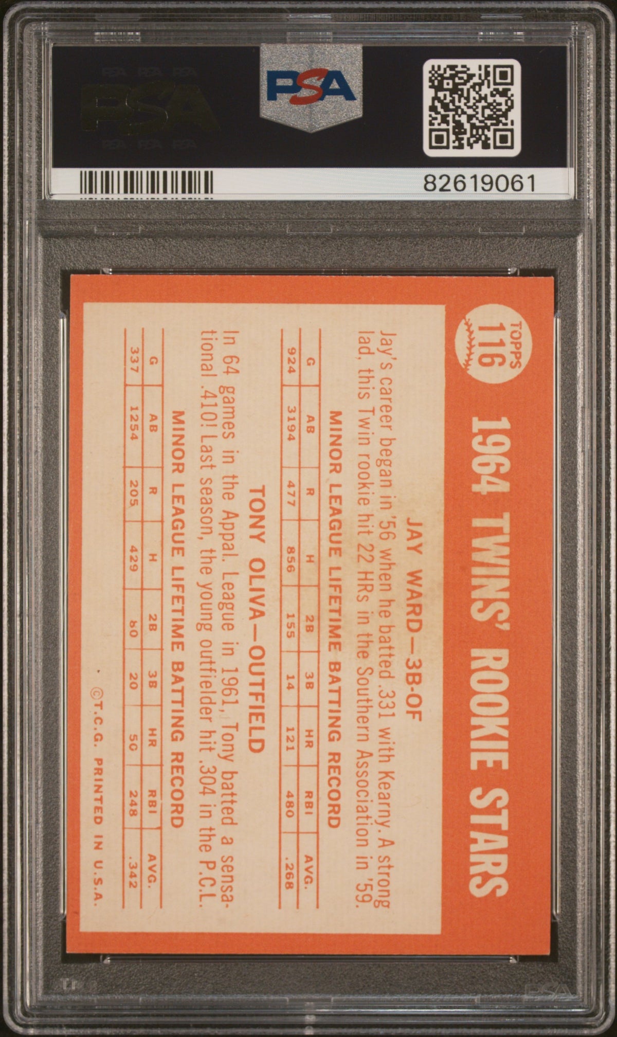 1964 Topps Twins Rookies #116 J. Ward T. Oliva PSA 9