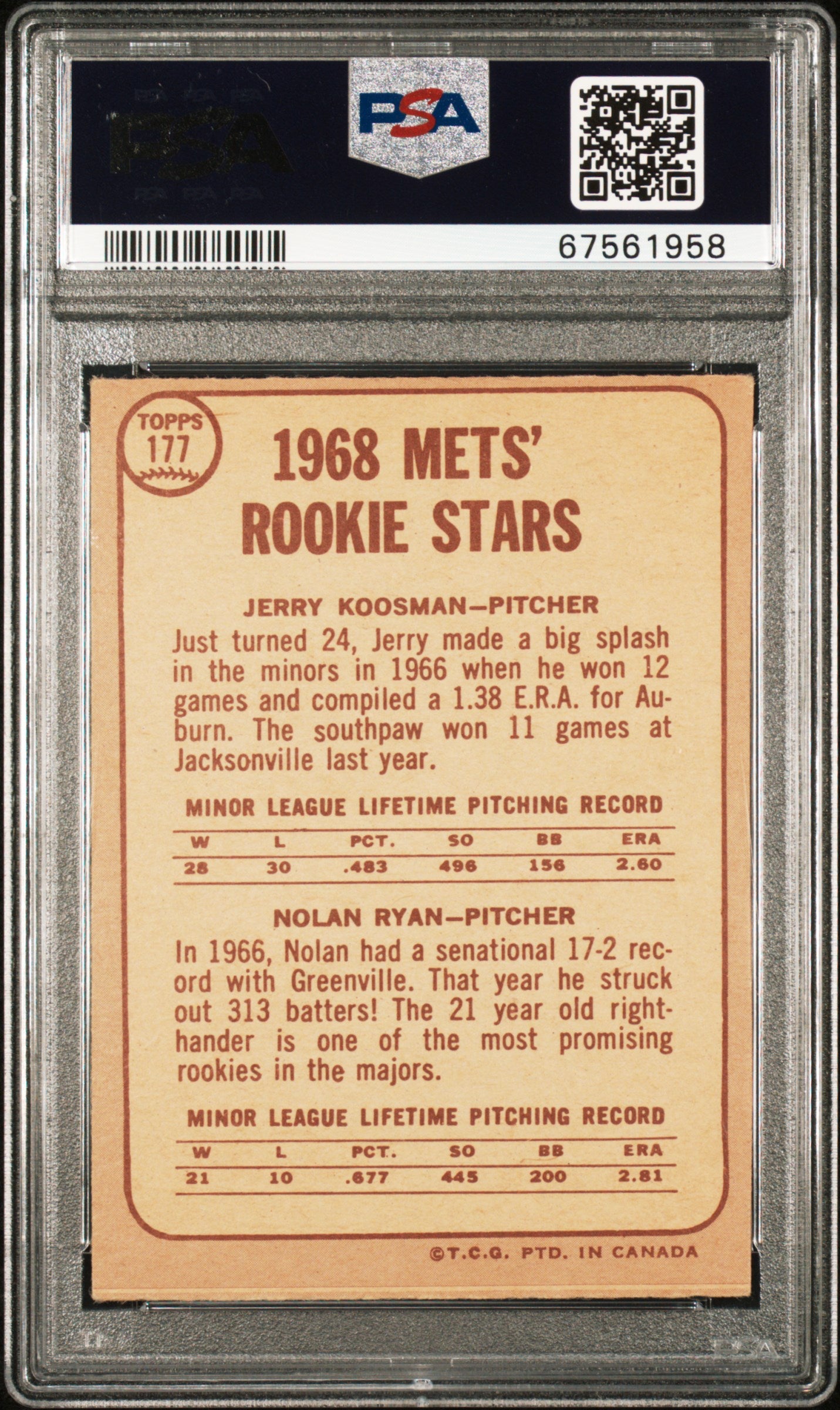 1968 O-Pee-Chee Mets Rookies #177 J. Koosman N. Ryan PSA A