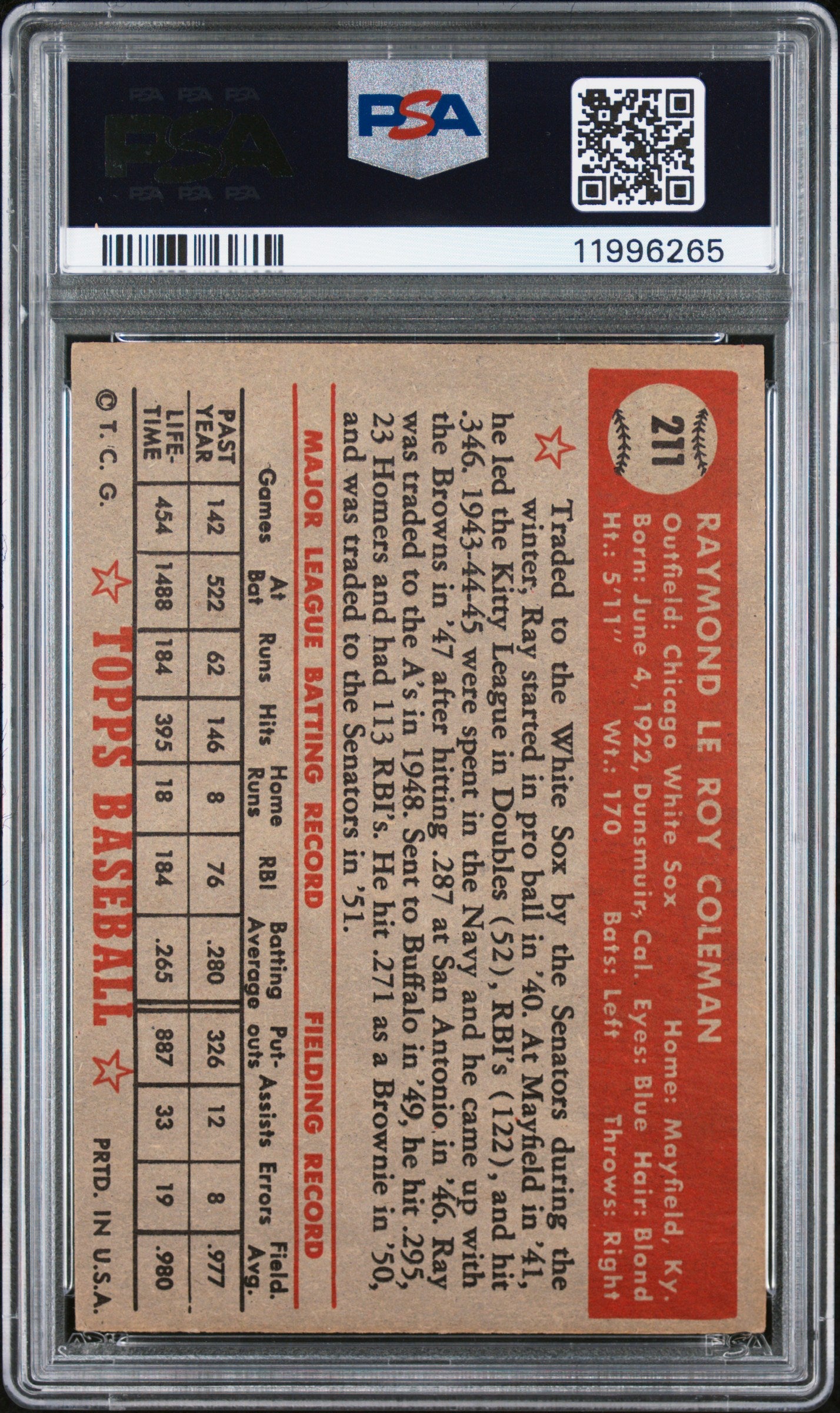 1952 Topps Ray Coleman #211 PSA 7