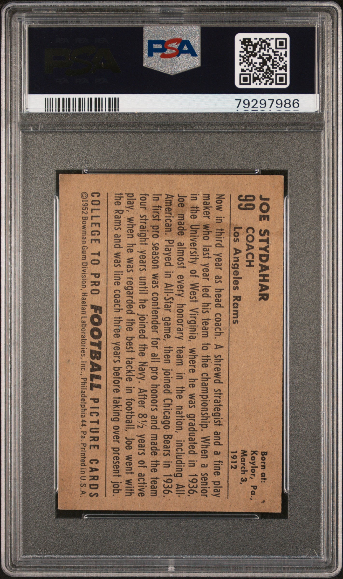 1952 Bowman Small Joe Stydahar #99 PSA 5