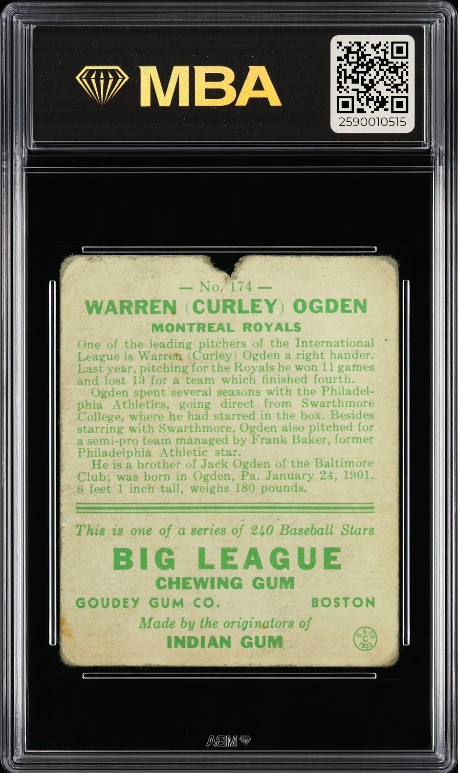 1933 Goudey Warren (Curly) Ogden #174 MBA 1