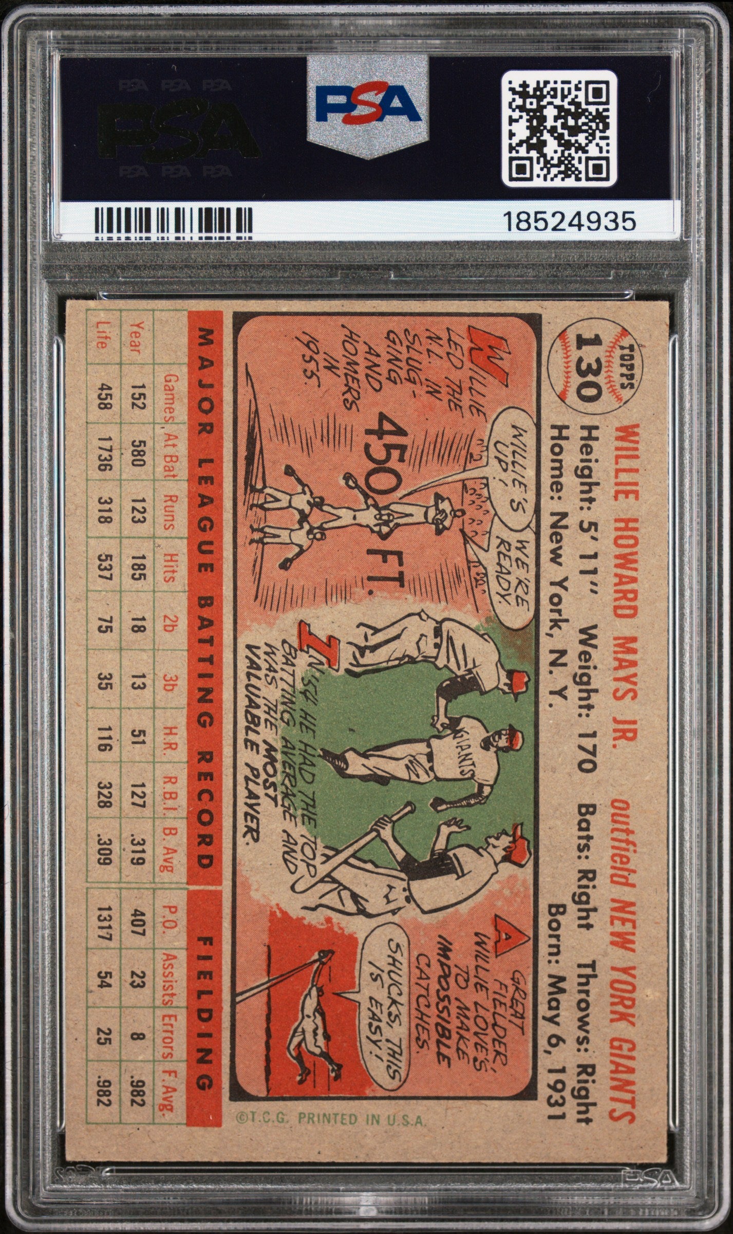 1956 Topps Willie Mays #130 Gray Back PSA 7.5