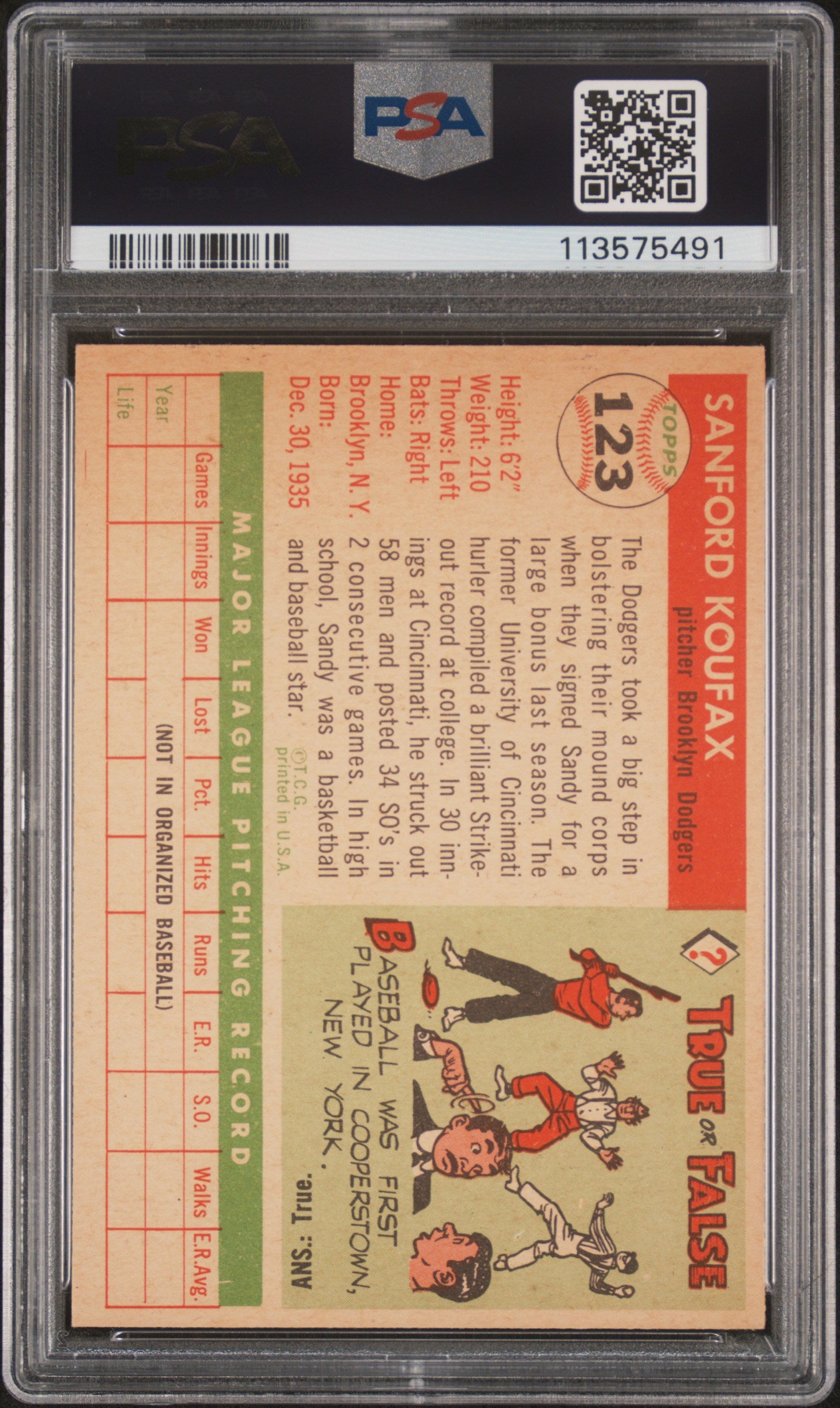 1955 Topps Sandy Koufax #123 PSA 4