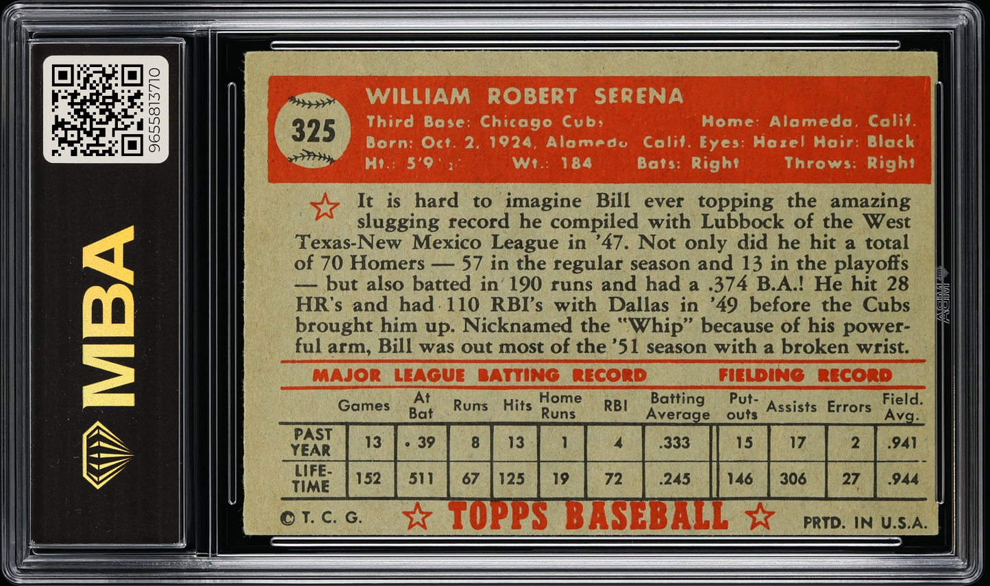 1952 Topps Bill Serena #325 MBA 3