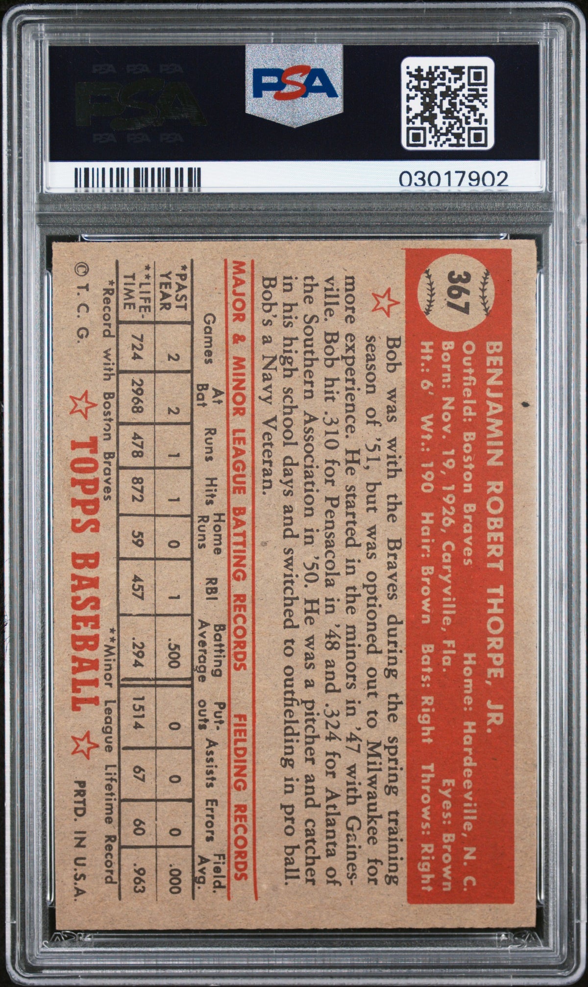 1952 Topps Bob Thorpe #367 PSA 7