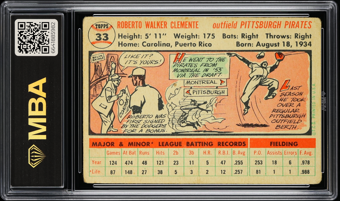 1956 Topps Roberto Clemente #33 White Back MBA 2