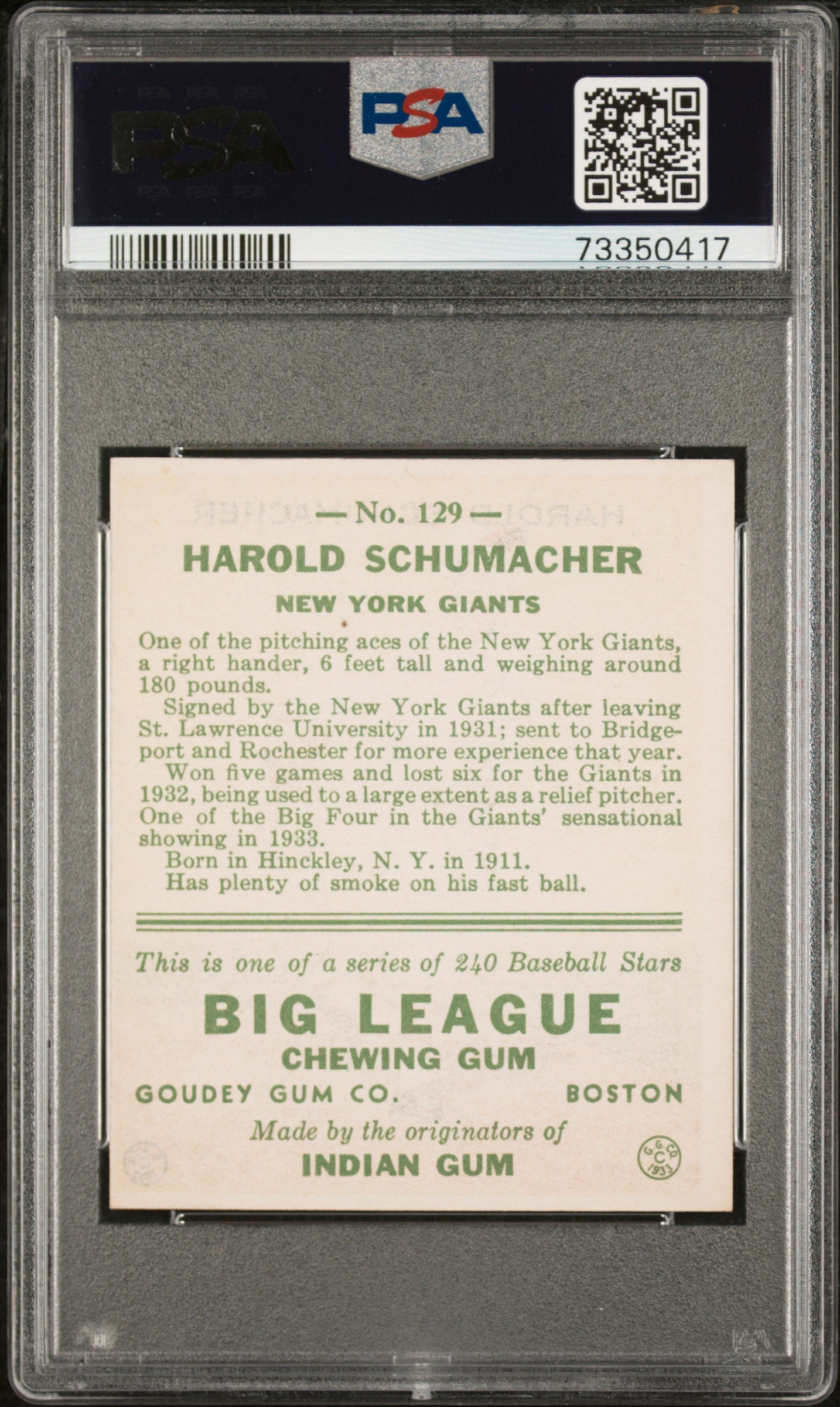 1933 Goudey Harold Schumacher #129 PSA 7 Oc