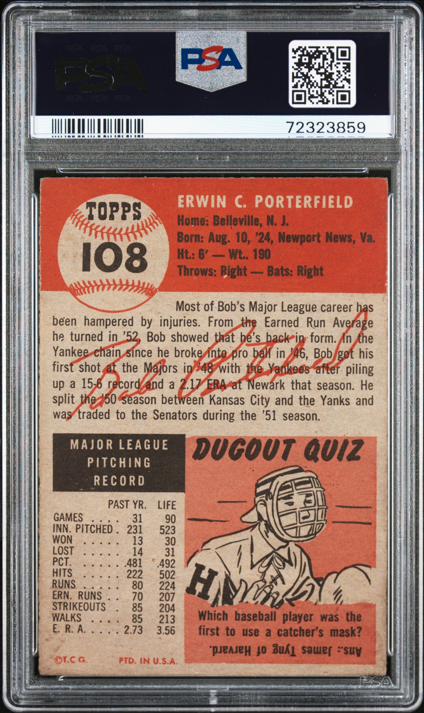1953 Topps Bob Porterfield #108 PSA A Auto A