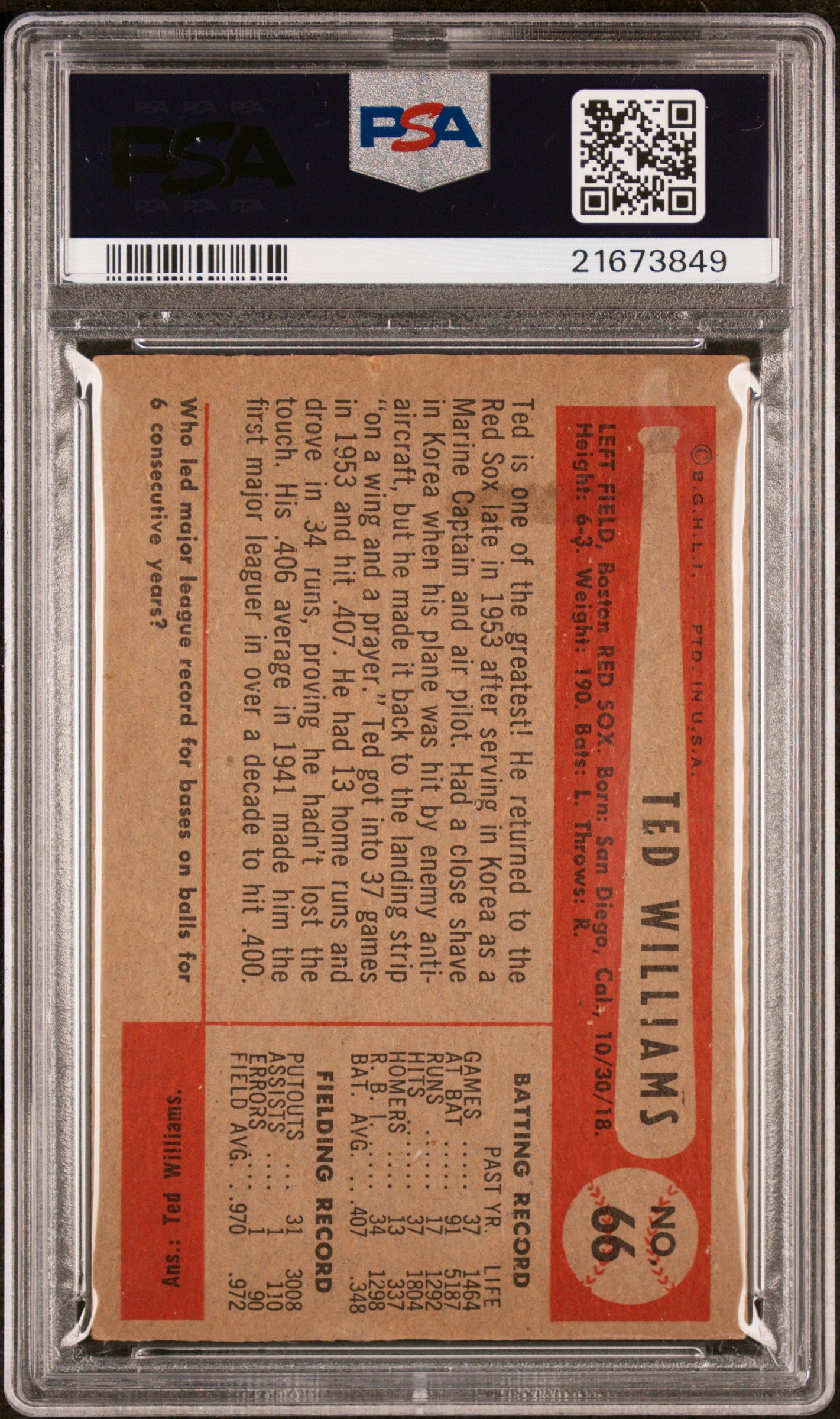 1954 Bowman Ted Williams #66 PSA 5