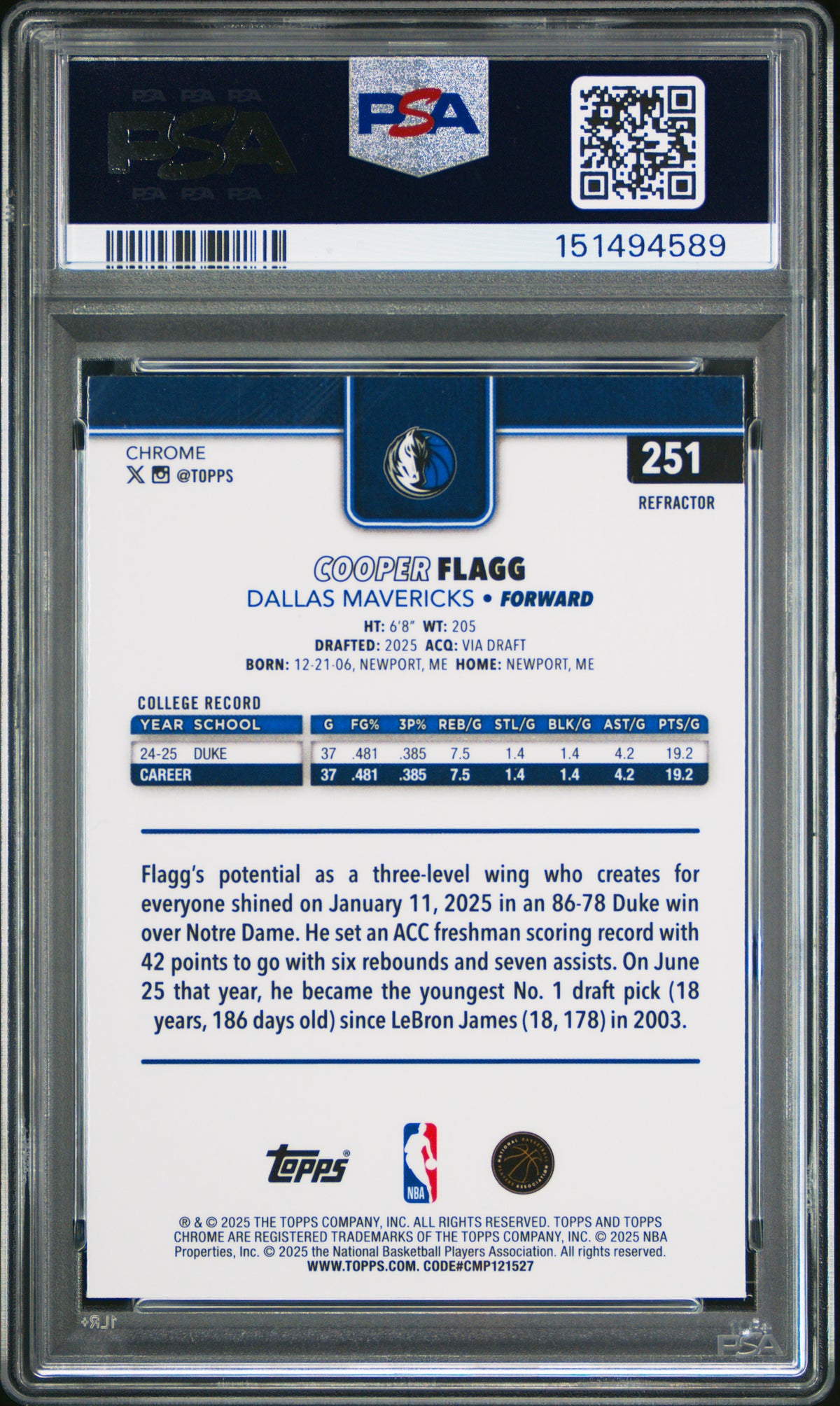 2025 Topps Chrome Cooper Flagg #251 Refractor PSA 9