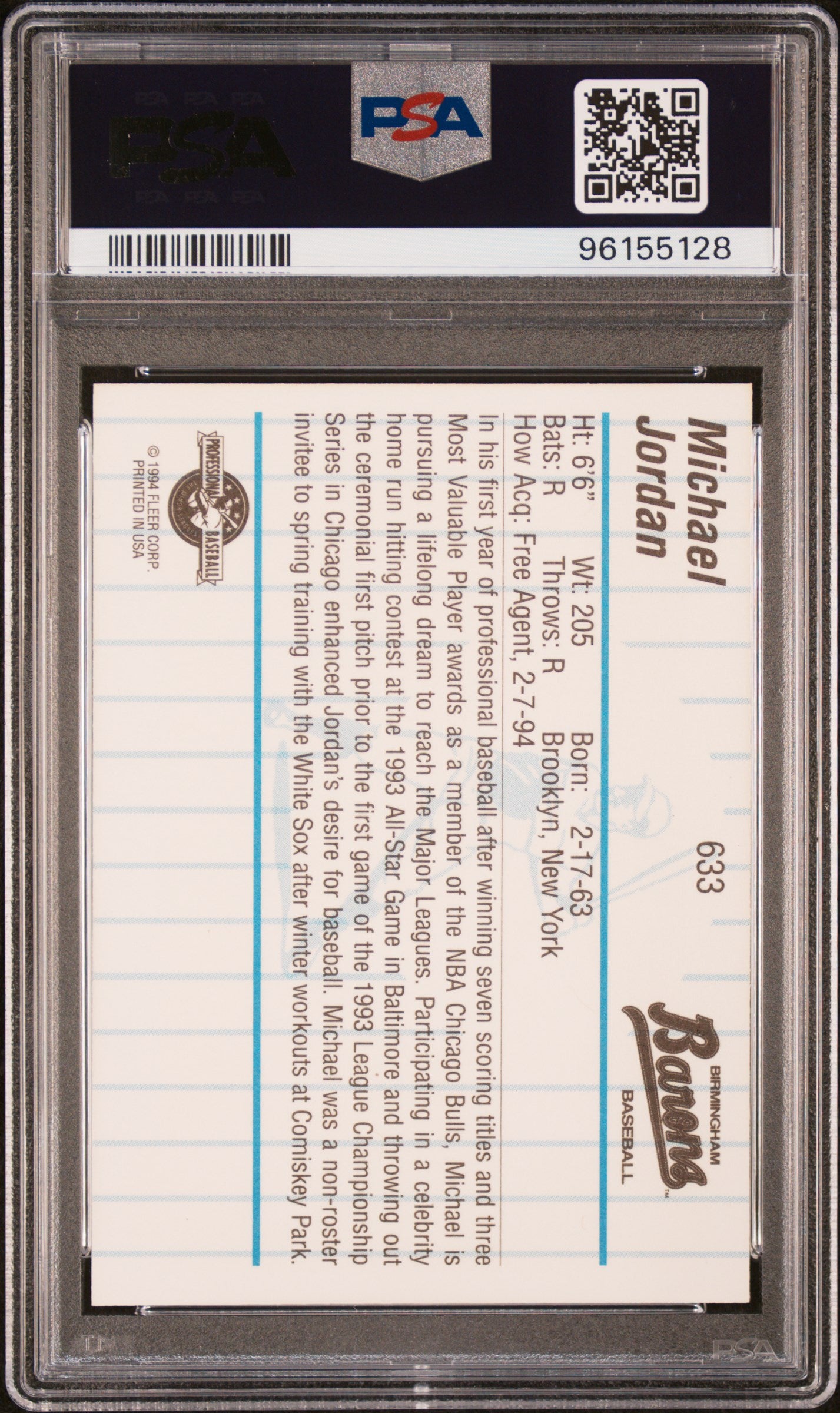 1994 Fleer Procards Michael Jordan #633 Birmingham Barons PSA 8