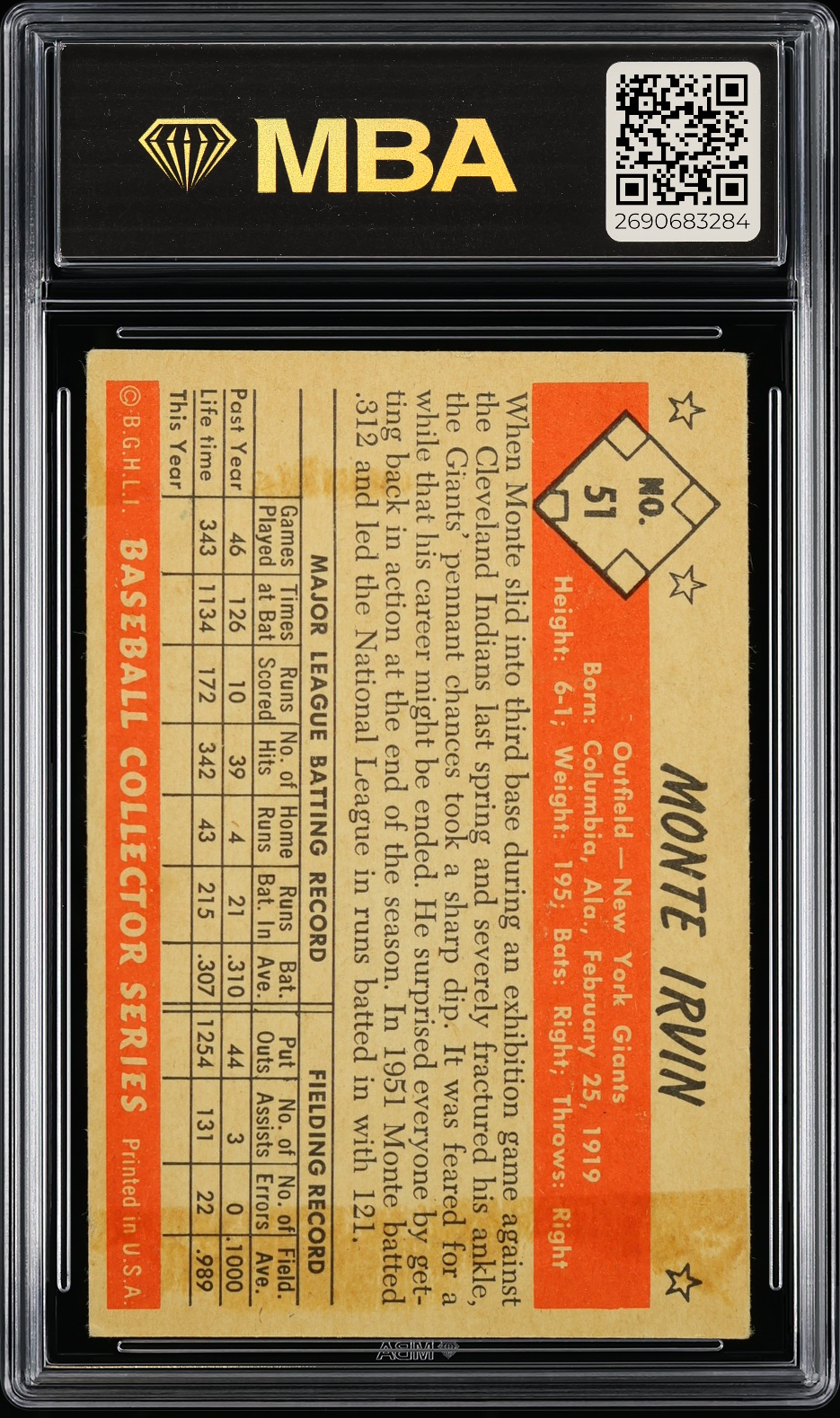 1953 Bowman Color Monte Irvin #51 MBA 3