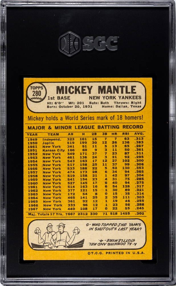 1968 Topps Mickey Mantle #280 SGC 5