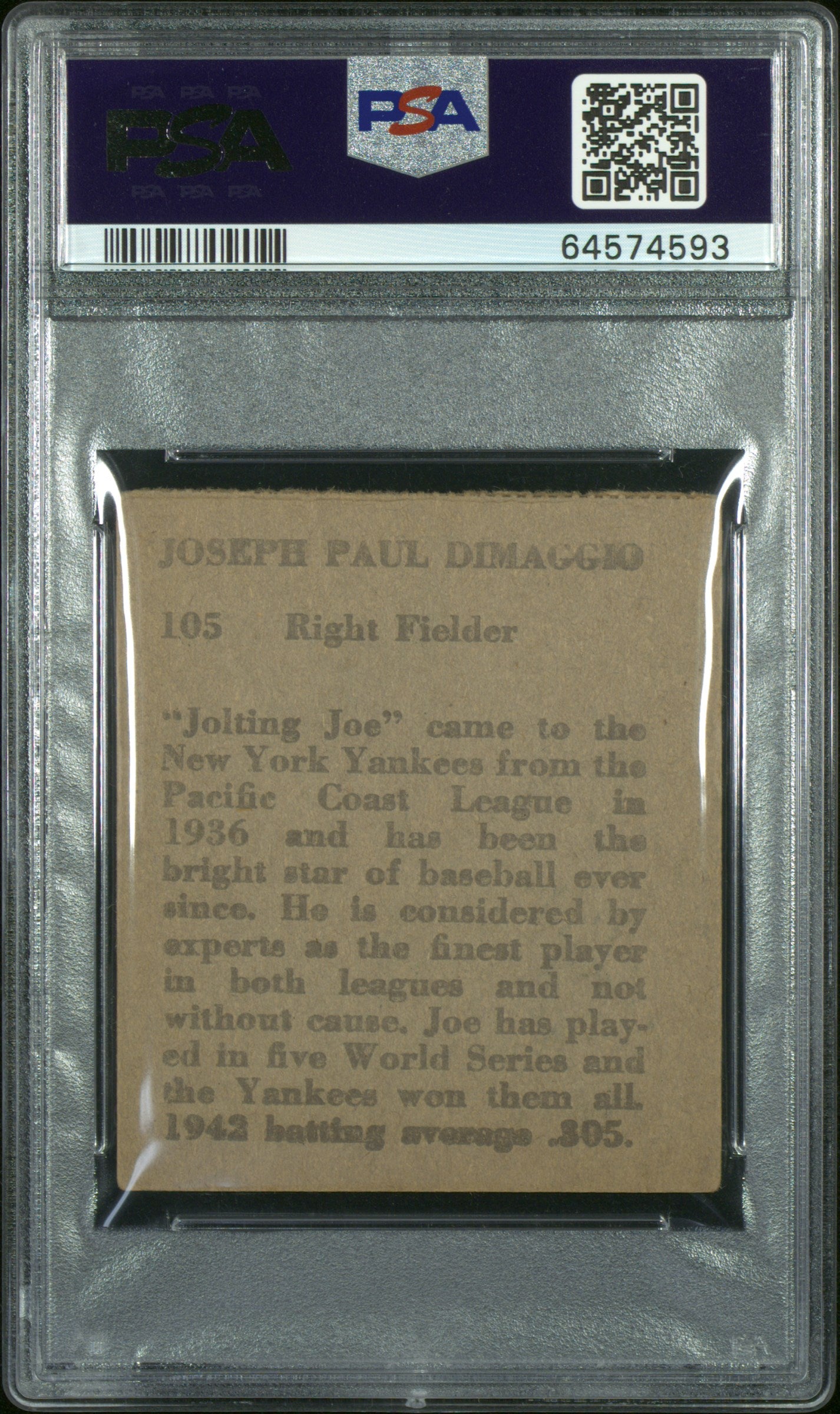 1949 R302-2 M.P. & Co. Joe Dimaggio #105 Hand Cut PSA 3