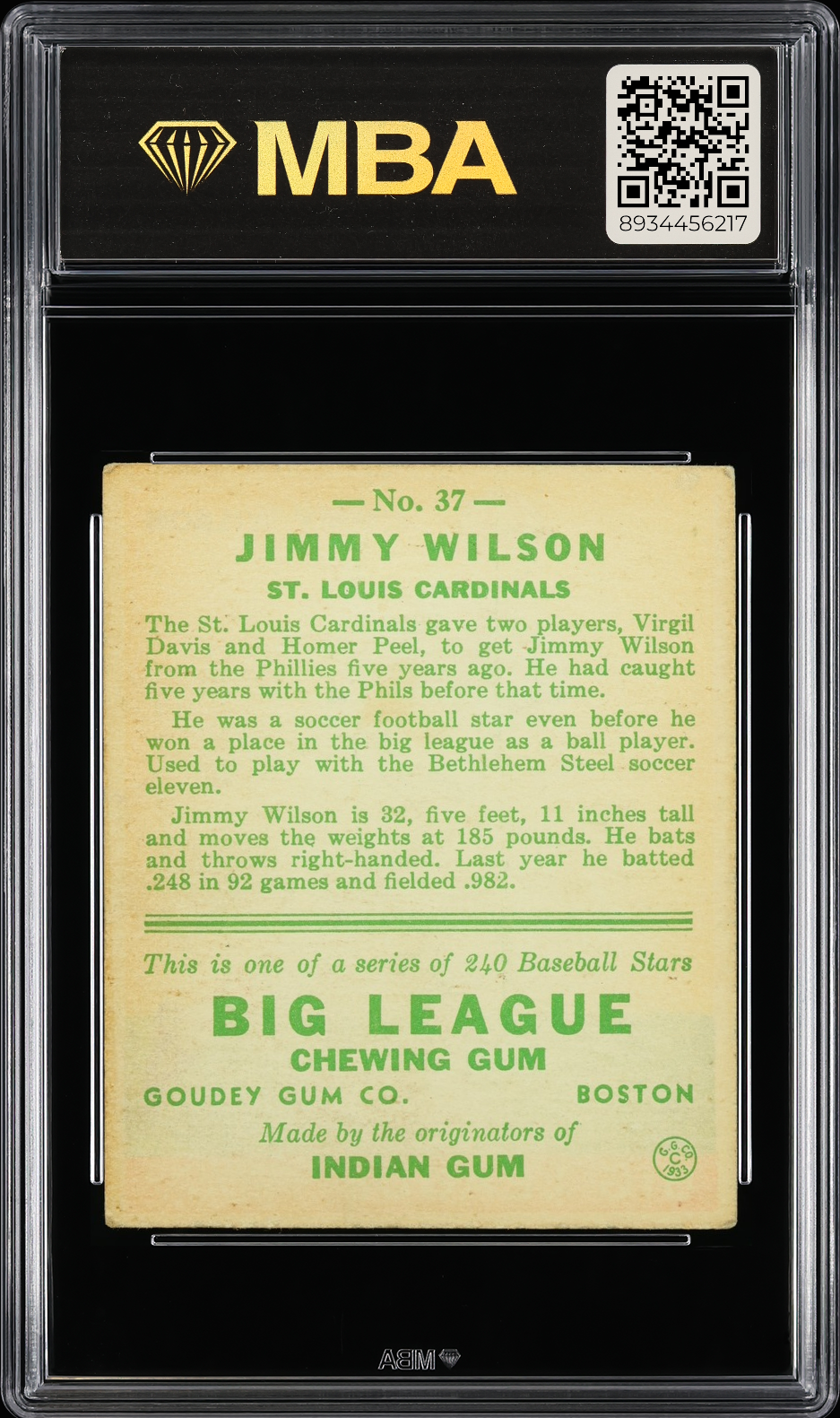 1933 Goudey Jimmy Wilson #37 MBA 4