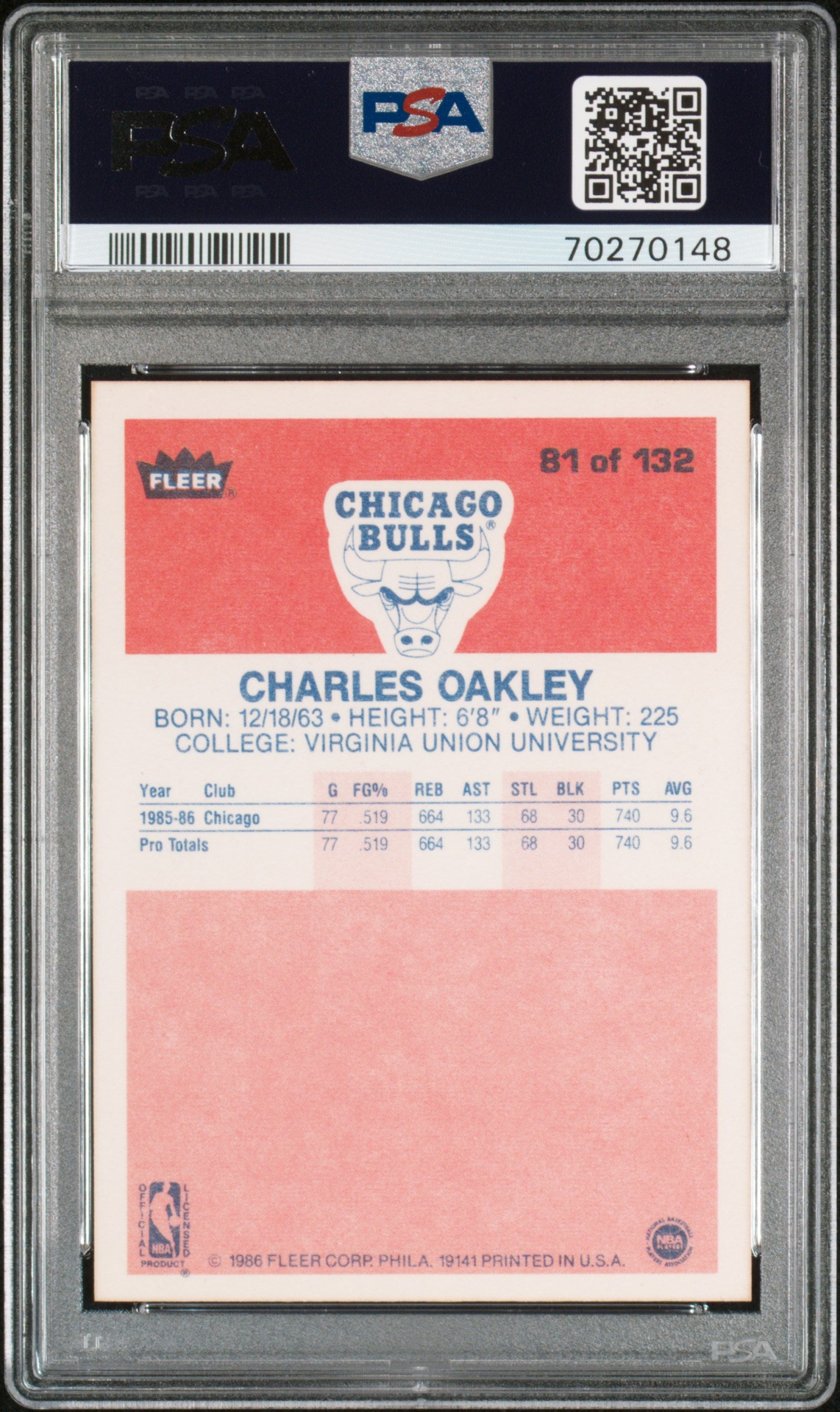 1986 Fleer Charles Oakley #81 PSA 9