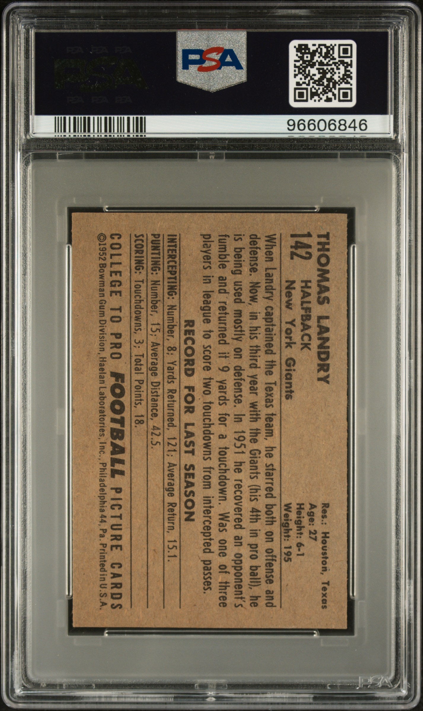 1952 Bowman Small Tom Landry #142 PSA 4