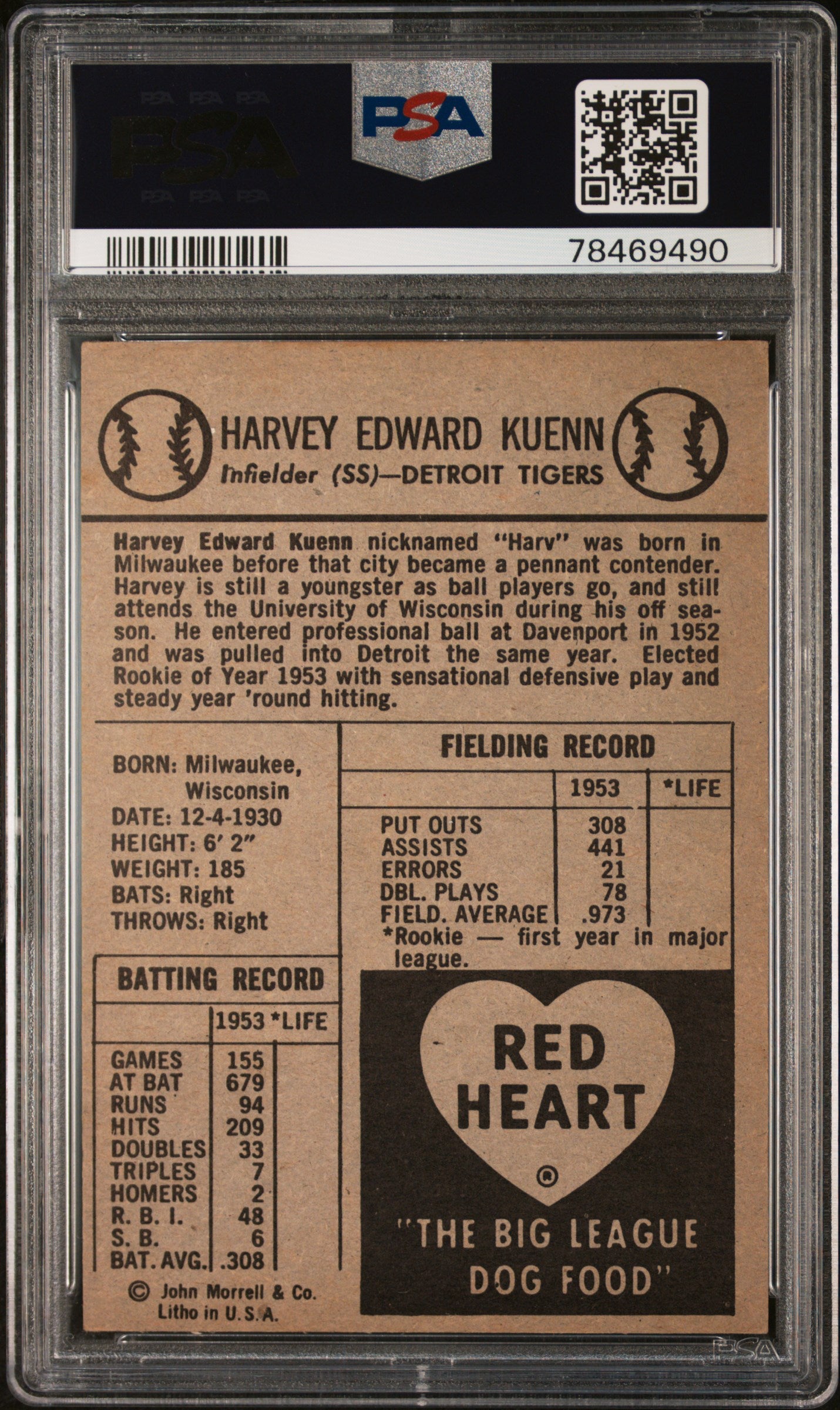 1954 Red Heart Harvey Kuenn PSA 4