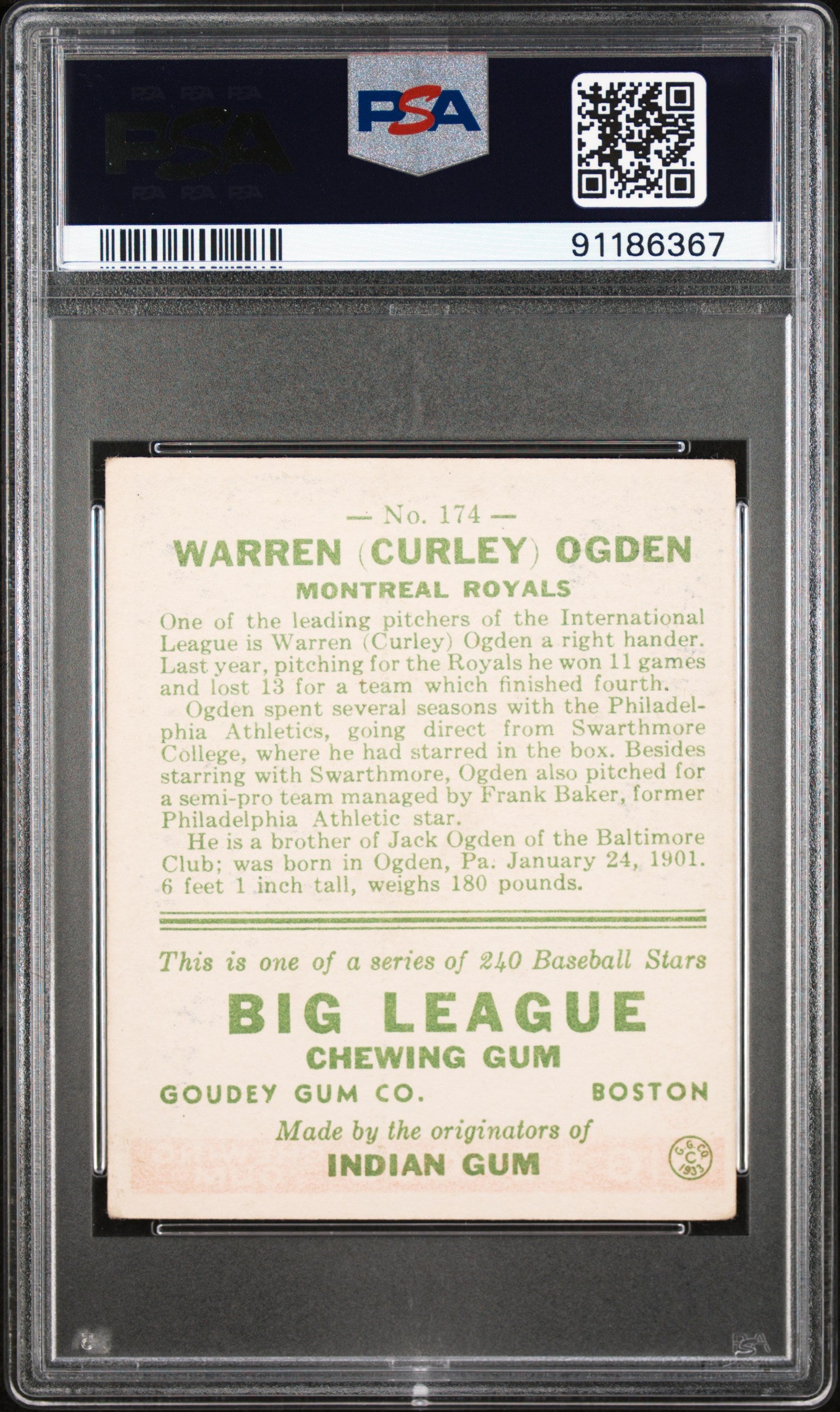1933 Goudey Curley Ogden #174 PSA 4