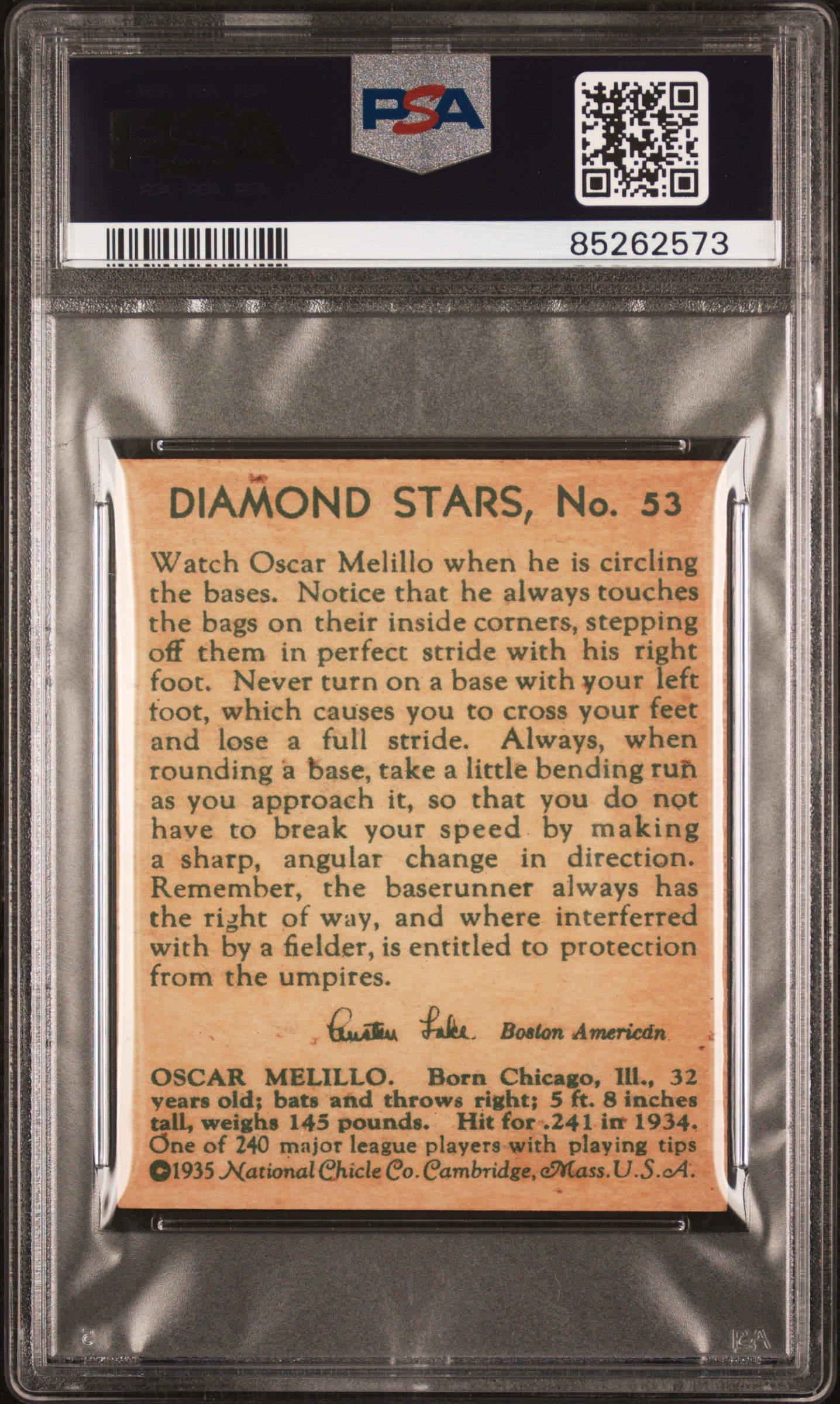 1935 Diamond Stars Oscar Melillo #53 PSA 7
