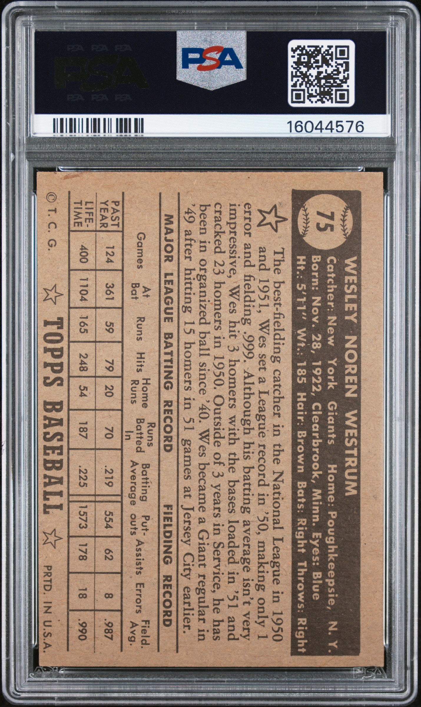 1952 Topps Wes Westrum #75 Black Back PSA 7