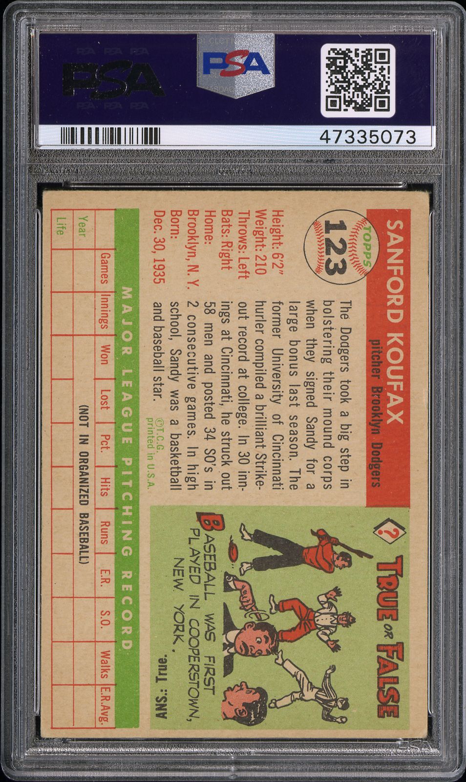 1955 Topps Sandy Koufax #123 PSA 4