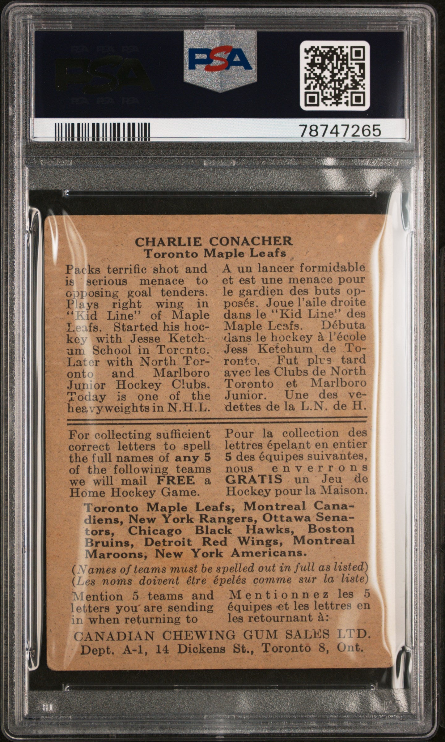 1933 V252 Canadian Gum Charlie Conacher PSA 2.5