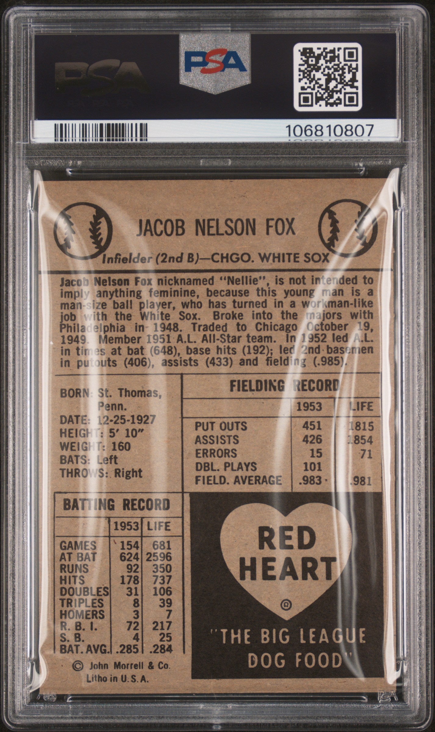 1954 Red Heart Nelson Fox PSA 8