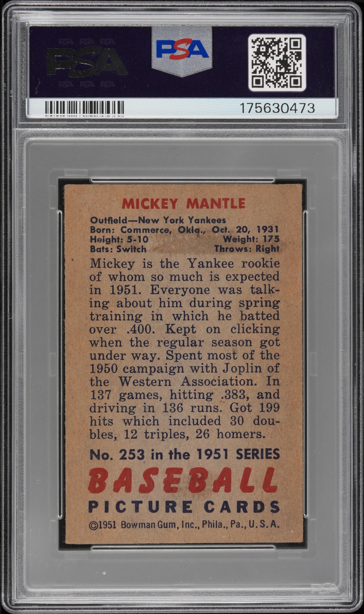 1951 Bowman Mickey Mantle #253 PSA 3