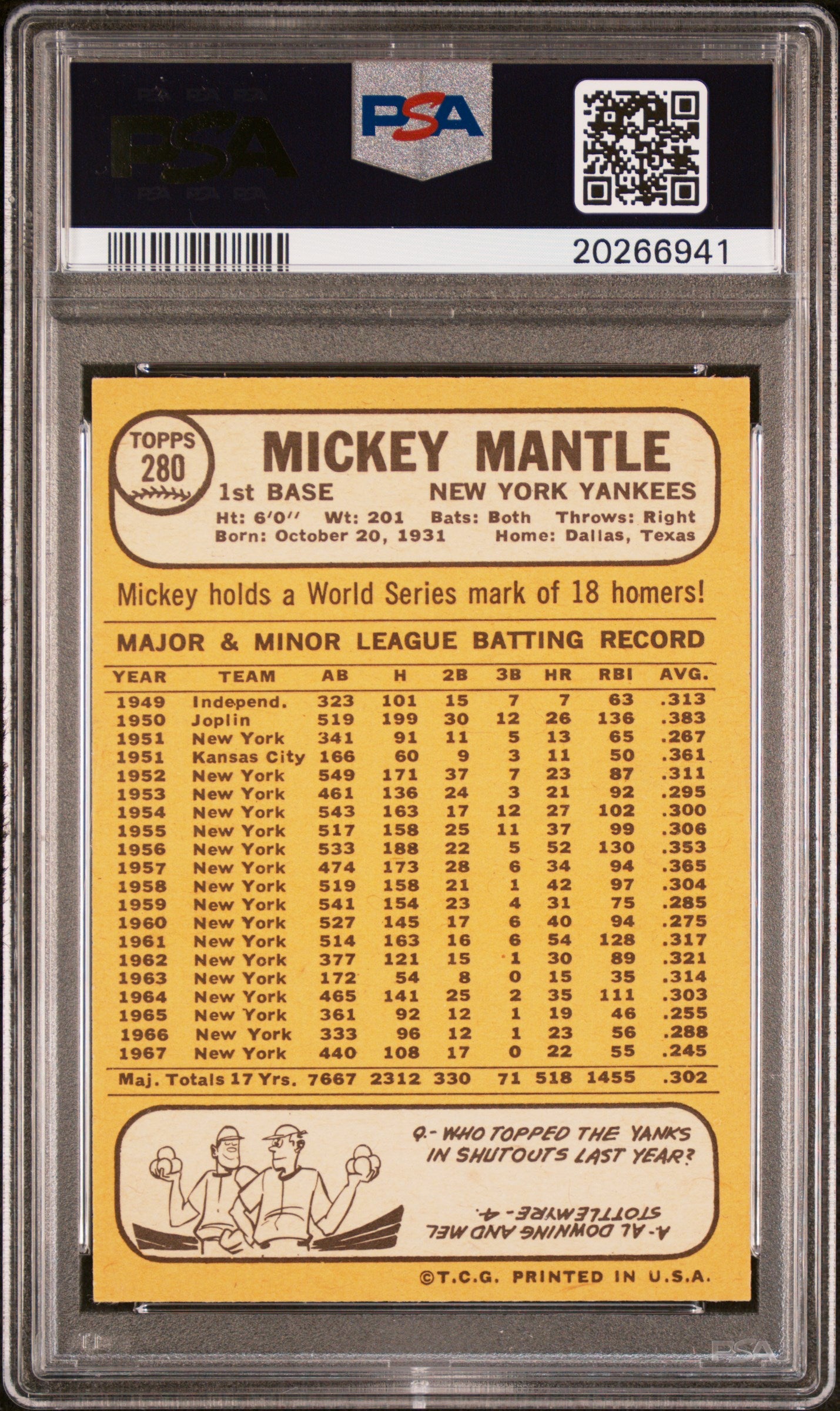 1968 Topps Mickey Mantle #280 PSA 7