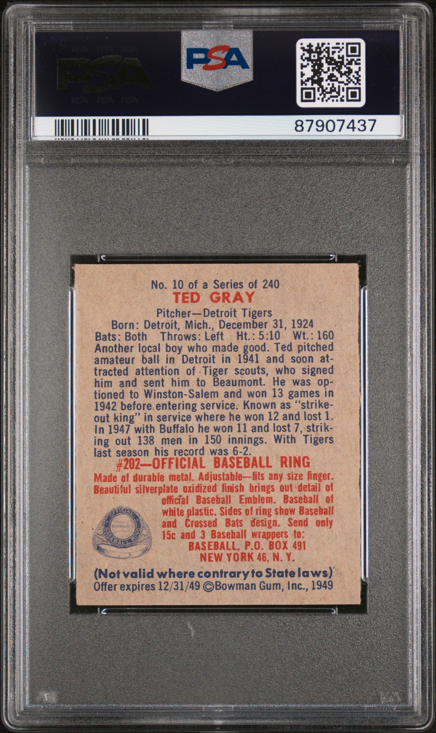 1949 Bowman Ted Gray #10 PSA 6