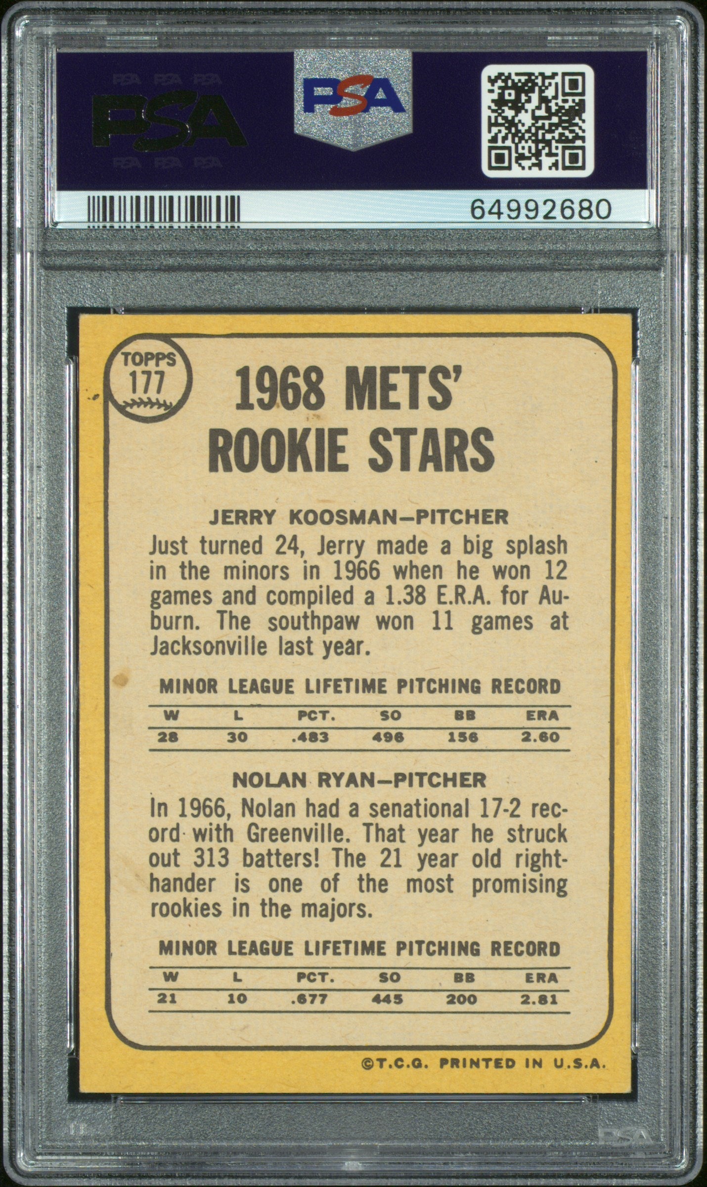 1968 Topps Mets Rookies #177 Mets Rookies PSA 5 Auto 10