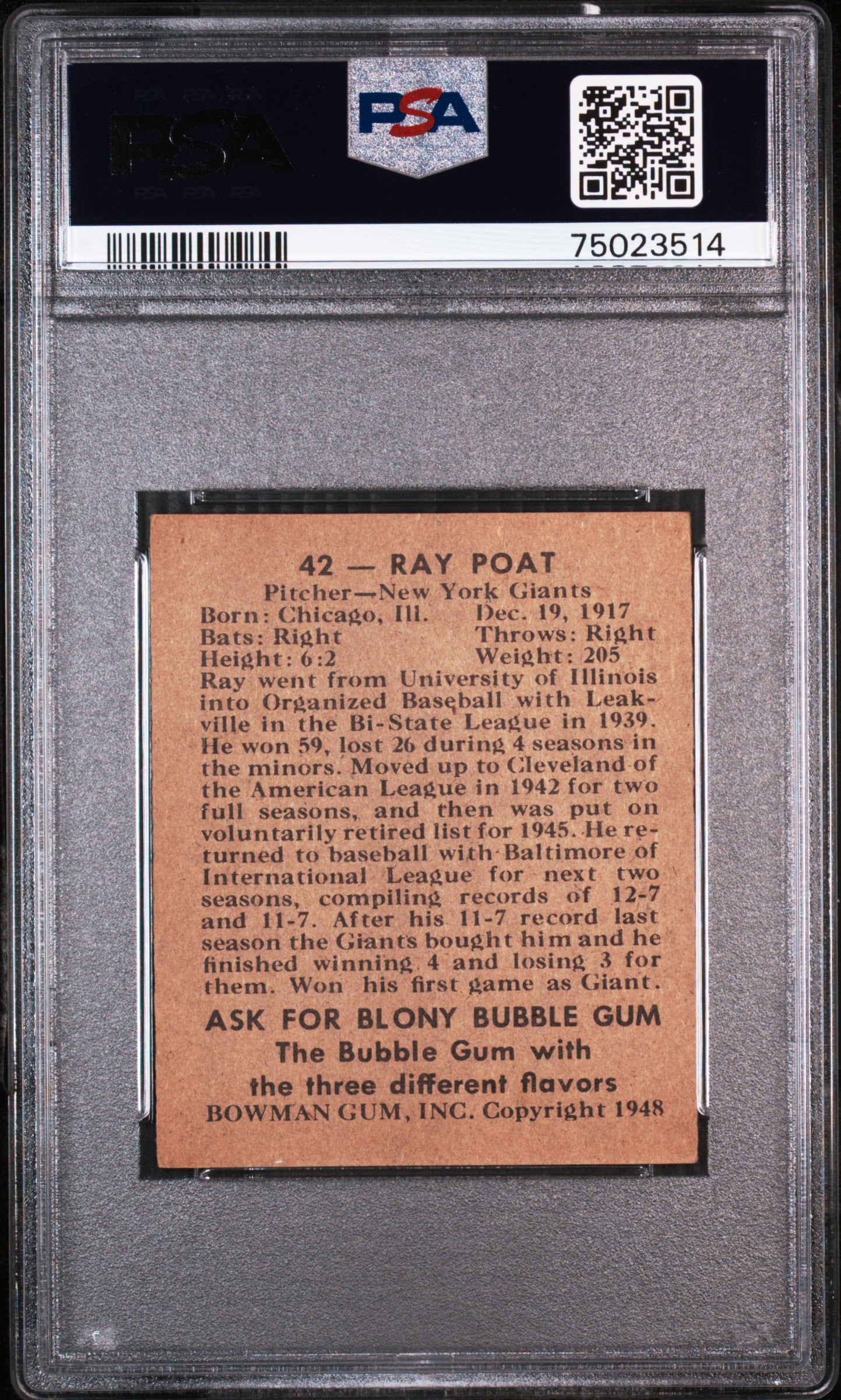 1948 Bowman Ray Poat #42 PSA 7