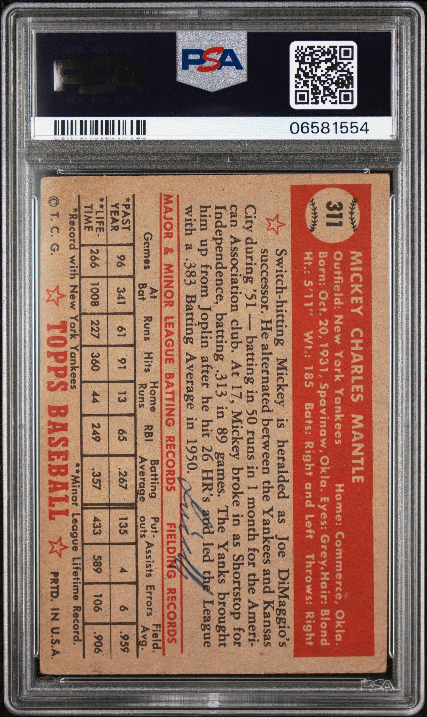 1952 Topps Mickey Mantle #311 PSA 4 MK