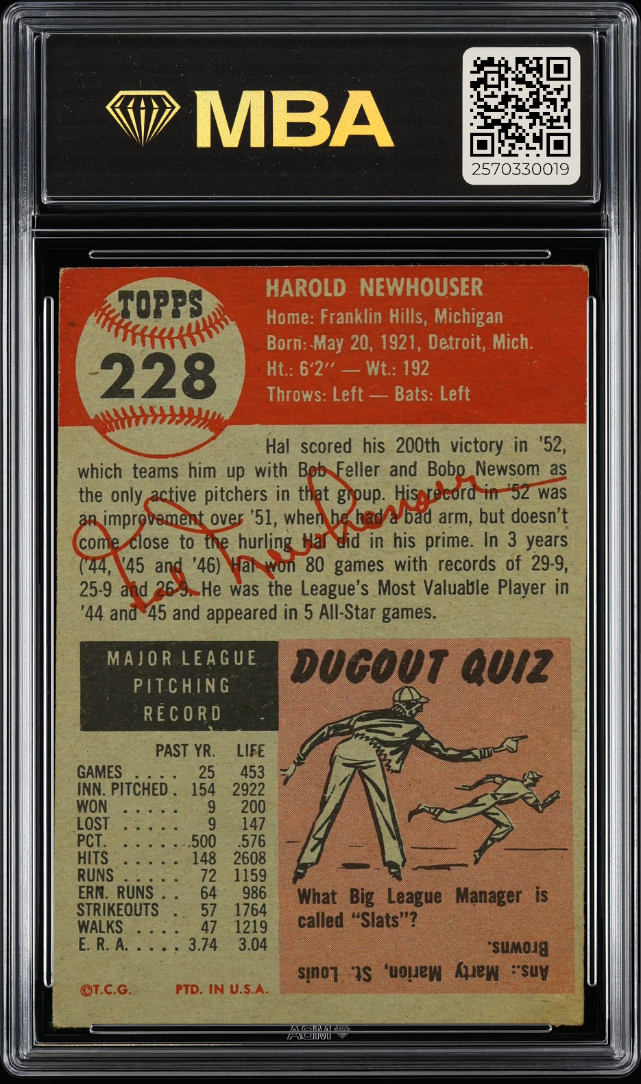1953 Topps Hal Newhouser #228 Short print MBA 3
