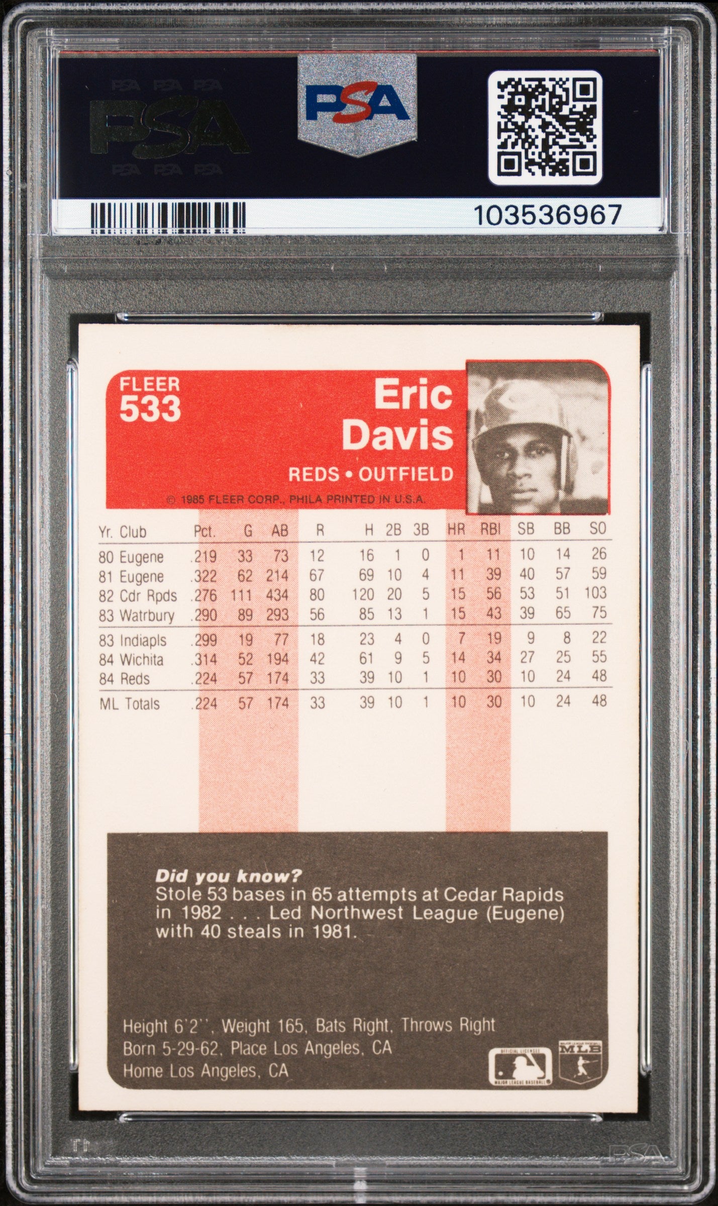 1985 Fleer Eric Davis #533 PSA 8 Auto 10