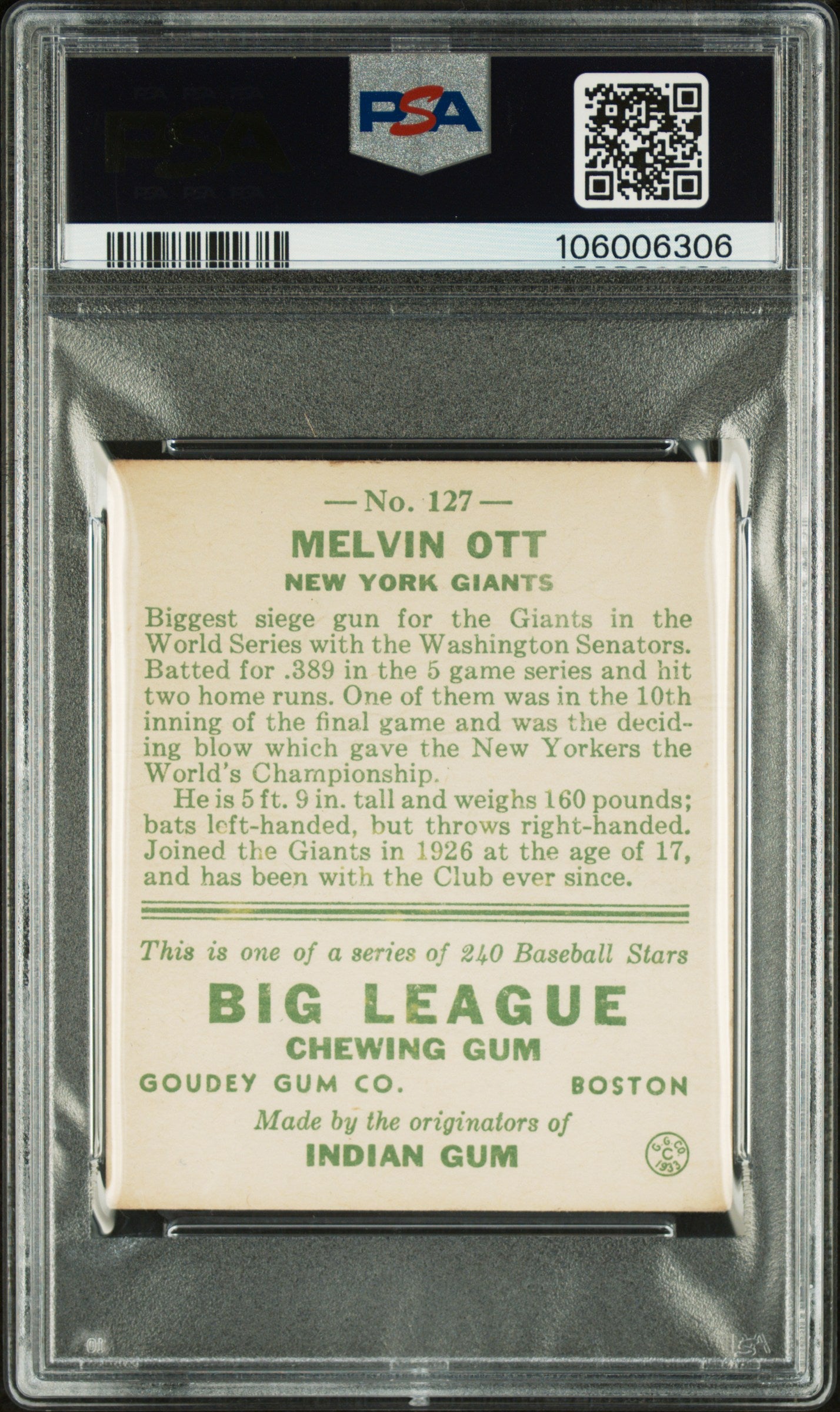 1933 Goudey Mel Ott #127 PSA 2