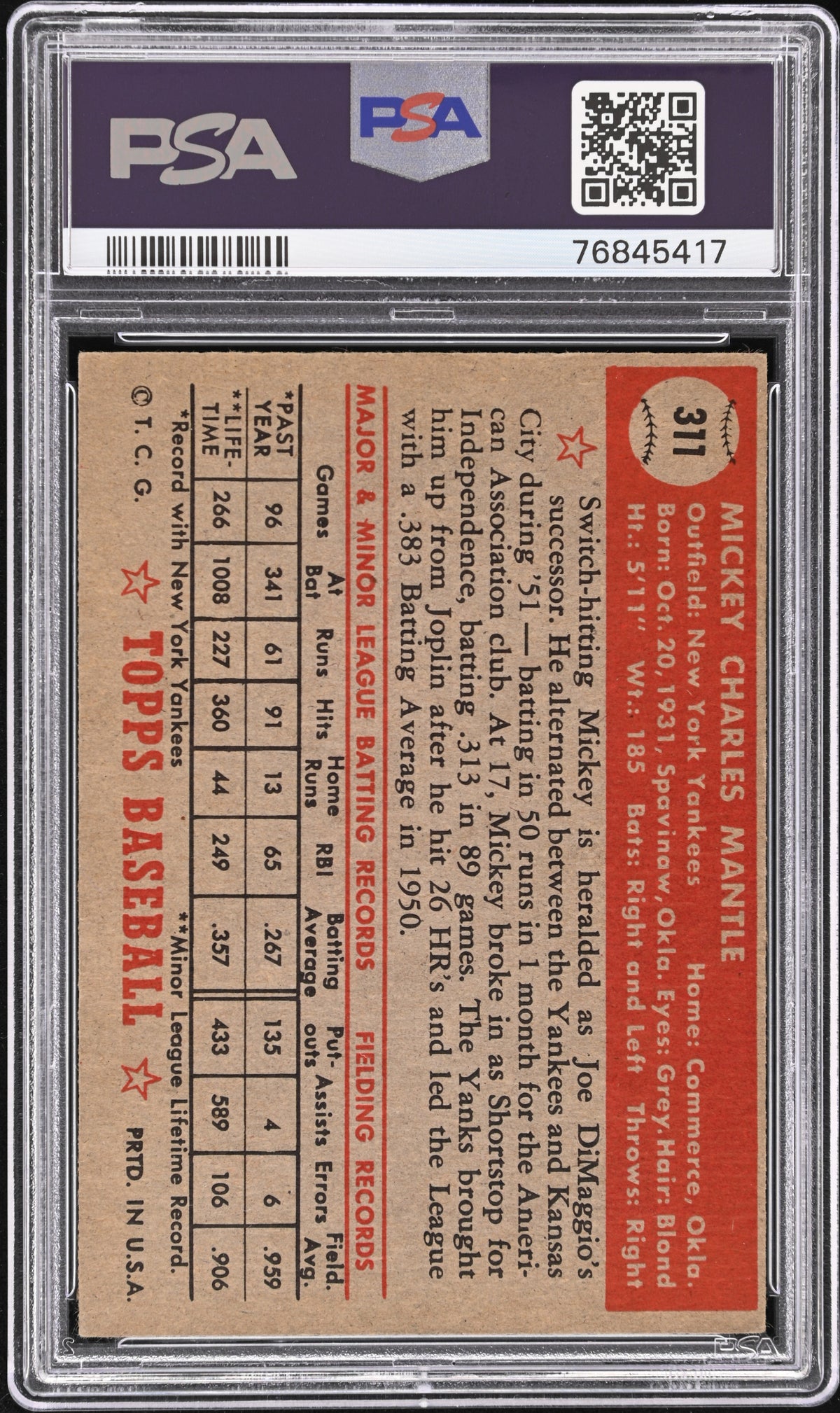 1952 Topps Mickey Mantle #311 PSA 4.5