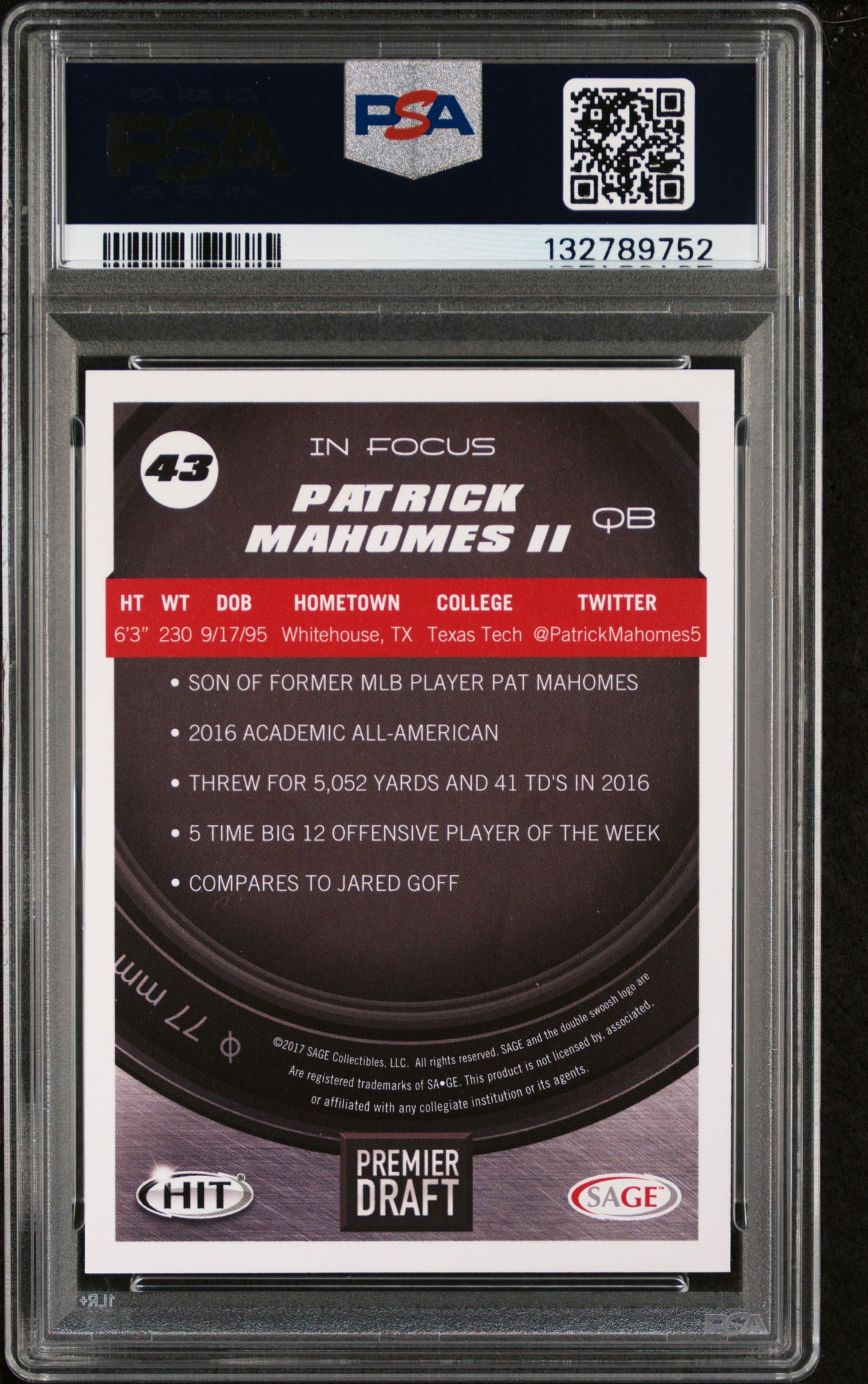 2017 Sa-Ge Hit Premier Draft Patrick Mahomes II #43 PSA 10