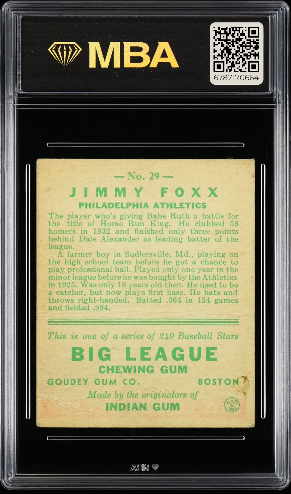 1933 Goudey Jimmy Foxx #29 (Correct Spelling: Jimmie) MBA 2