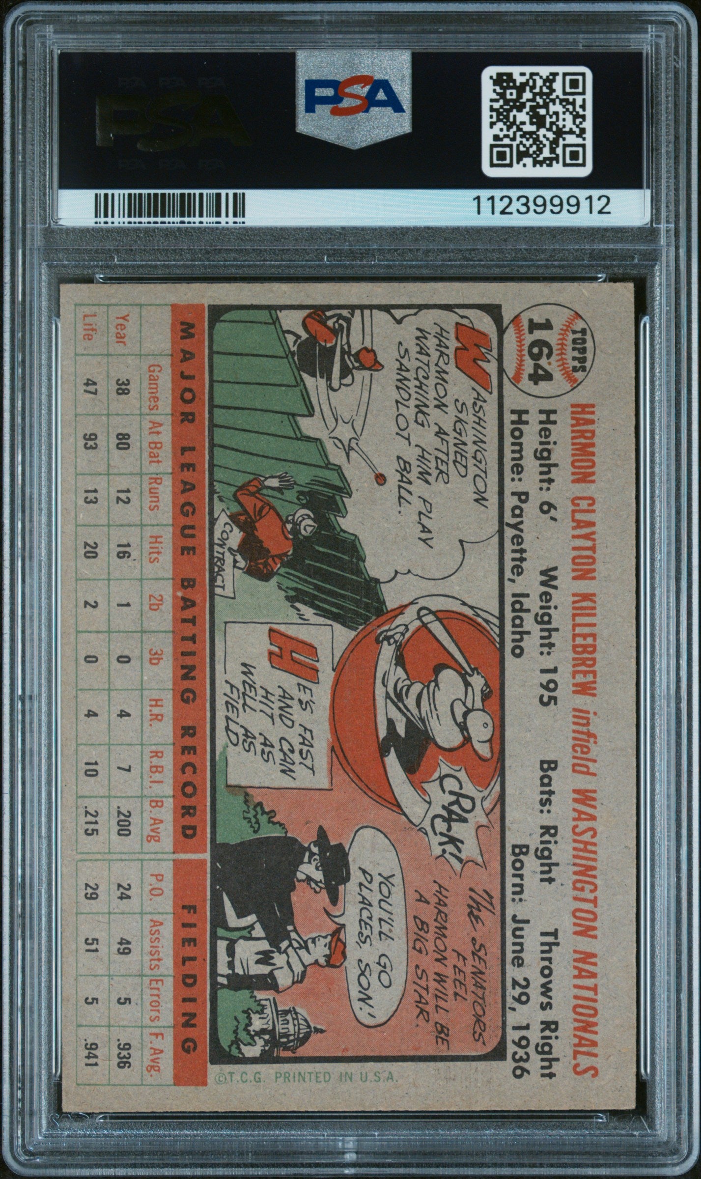 1956 Topps Harmon Killebrew #164 Gray Back PSA 4