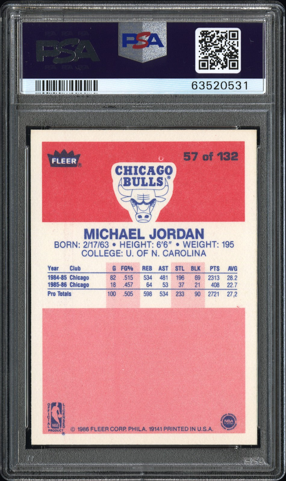 1986 Fleer Michael Jordan #57 PSA 8