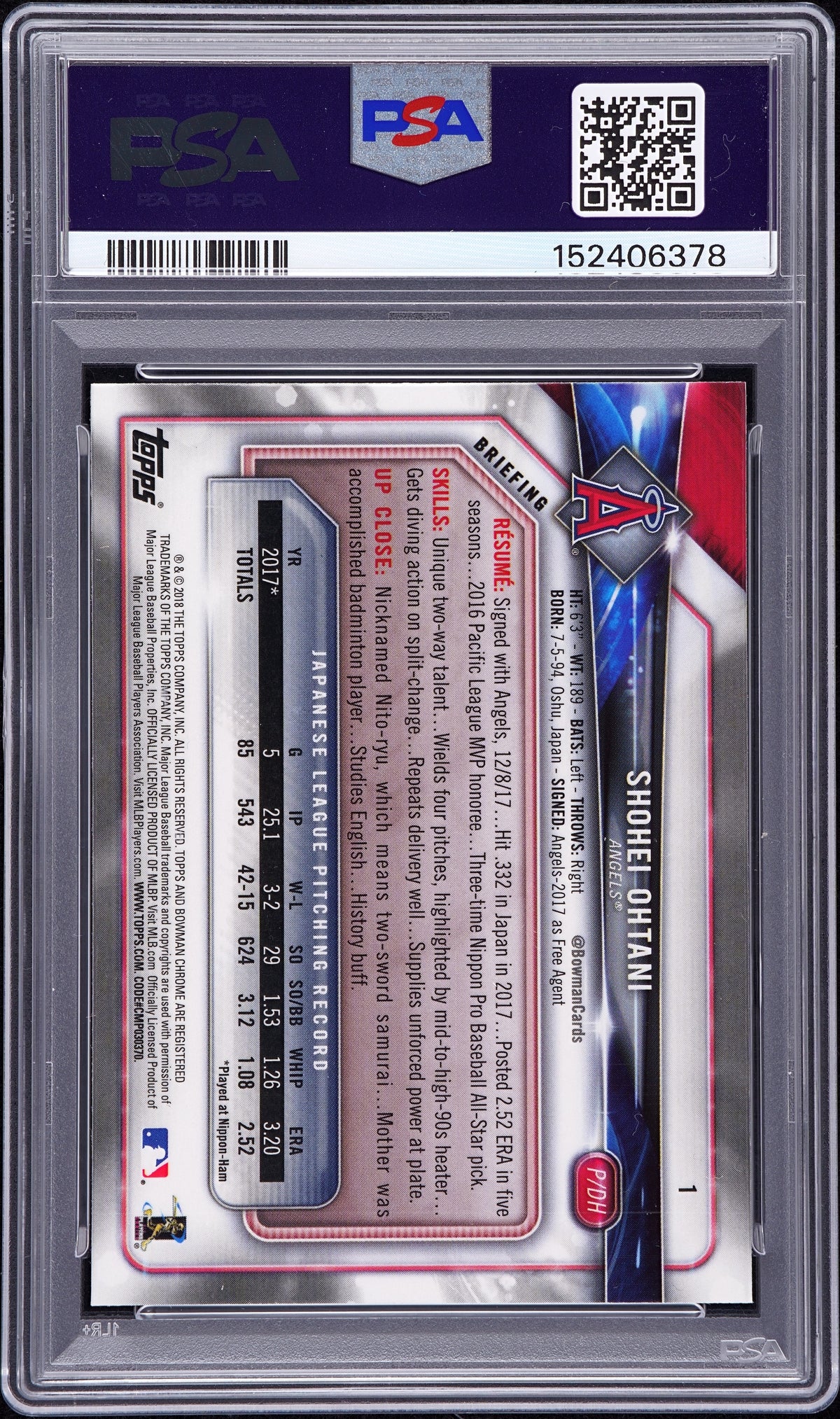 2018 Bowman Chrome Shohei Ohtani #1 PSA 10
